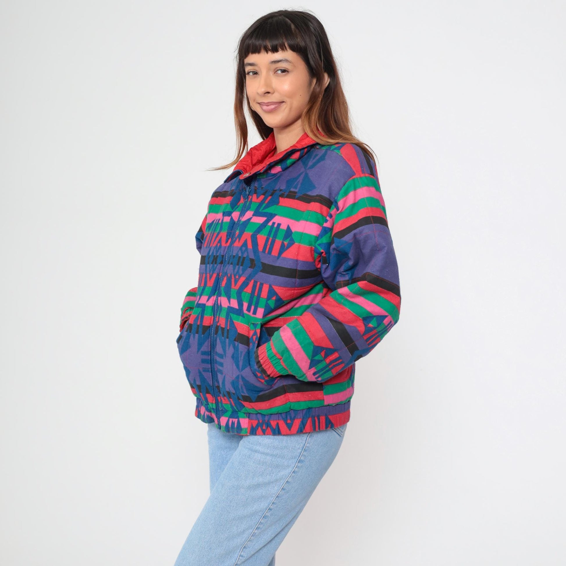 90s Geometric Southwest Reversible Windbreaker Red Blue Purple Small