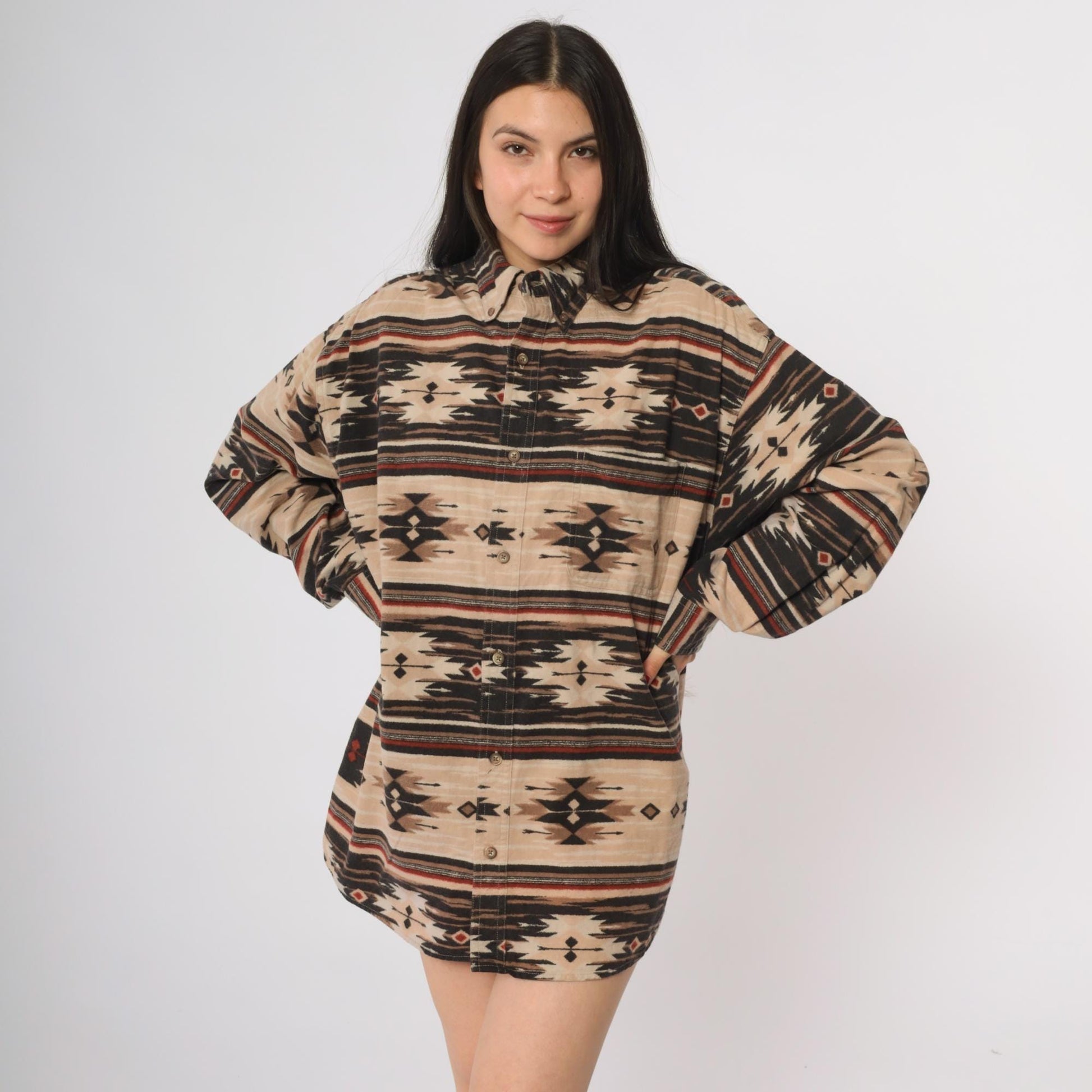 Y2K Woods & Water Southwestern Flannel Shirt Beige Black Red Tribal Button Down Extra Large XL