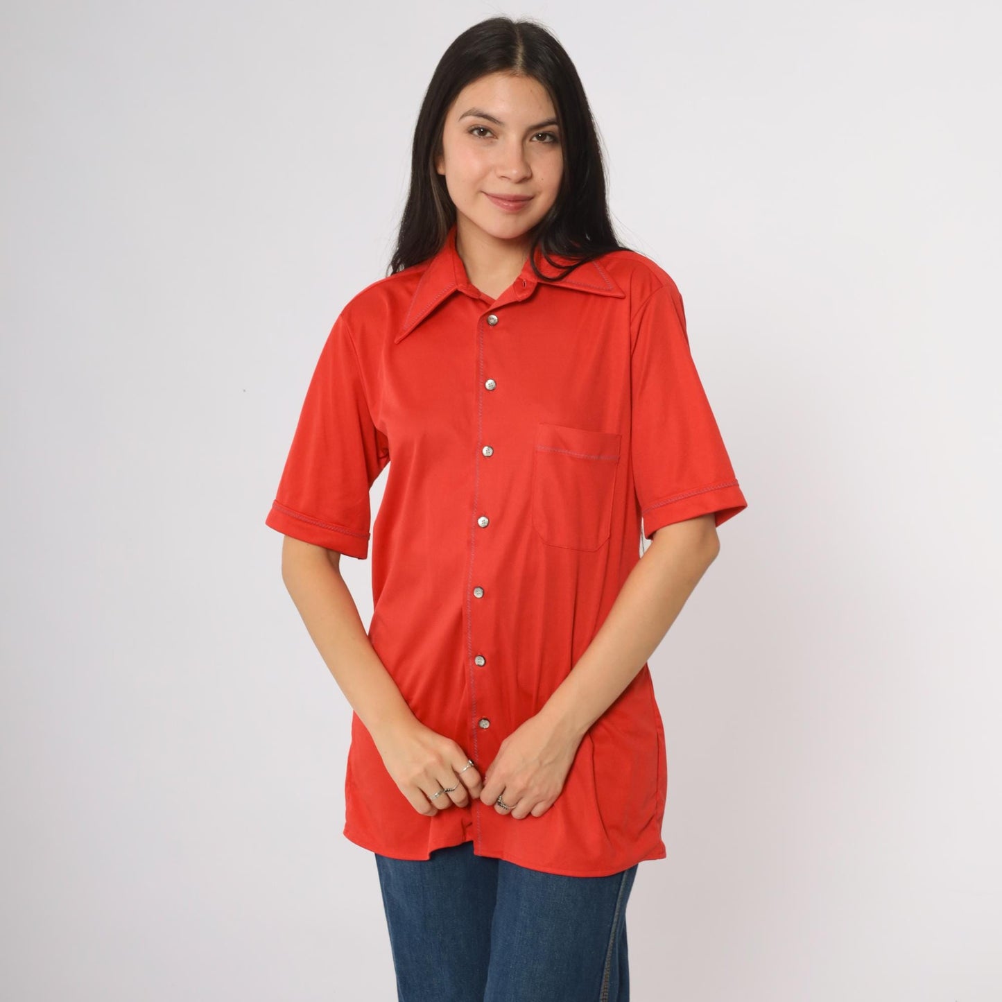 70s Arrow Button Shirt Orange-Red Short Sleeve Chest Pocket Medium M