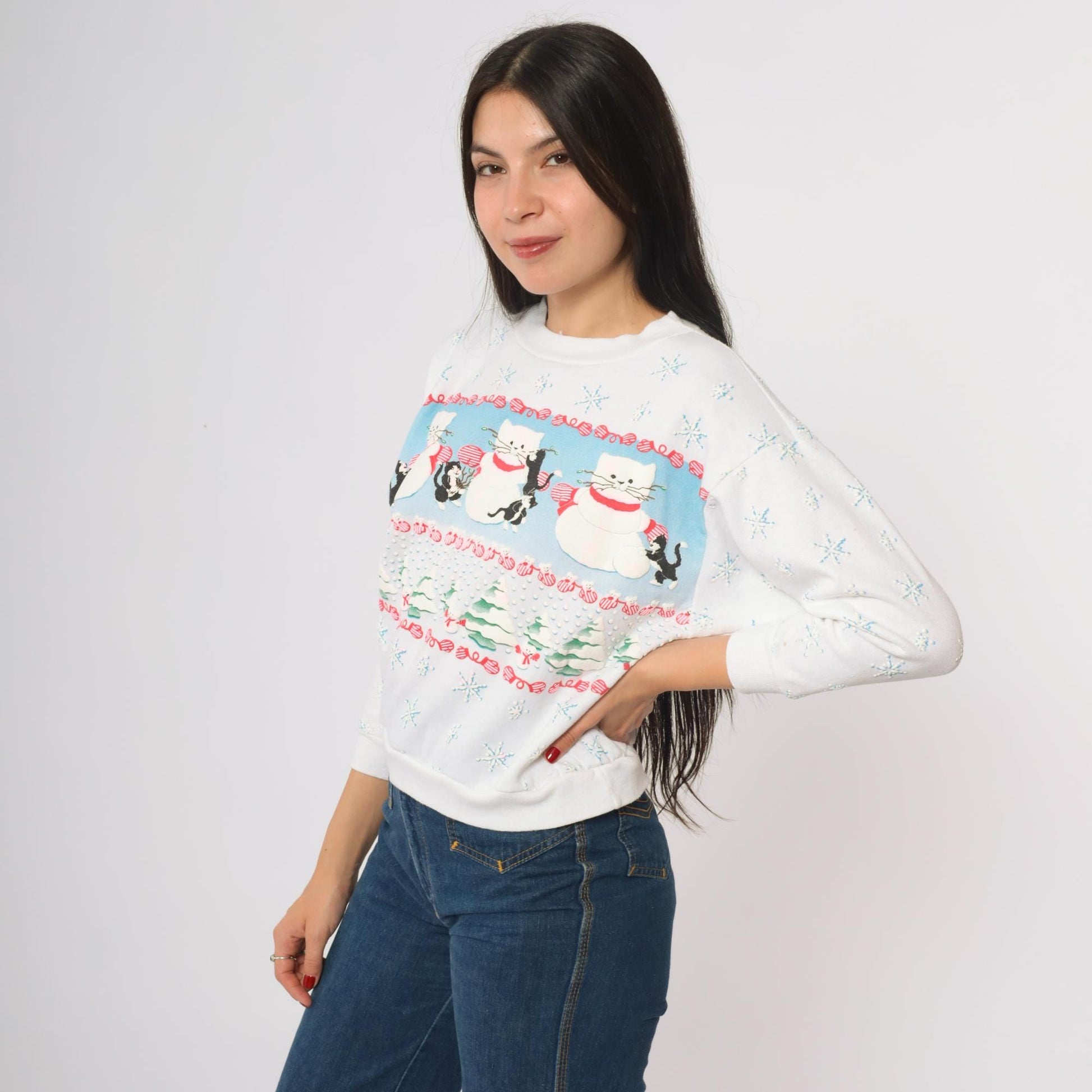 90s Scoop Christmas Cat Sweatshirt White Snowmen Snowflakes Extra Small XS