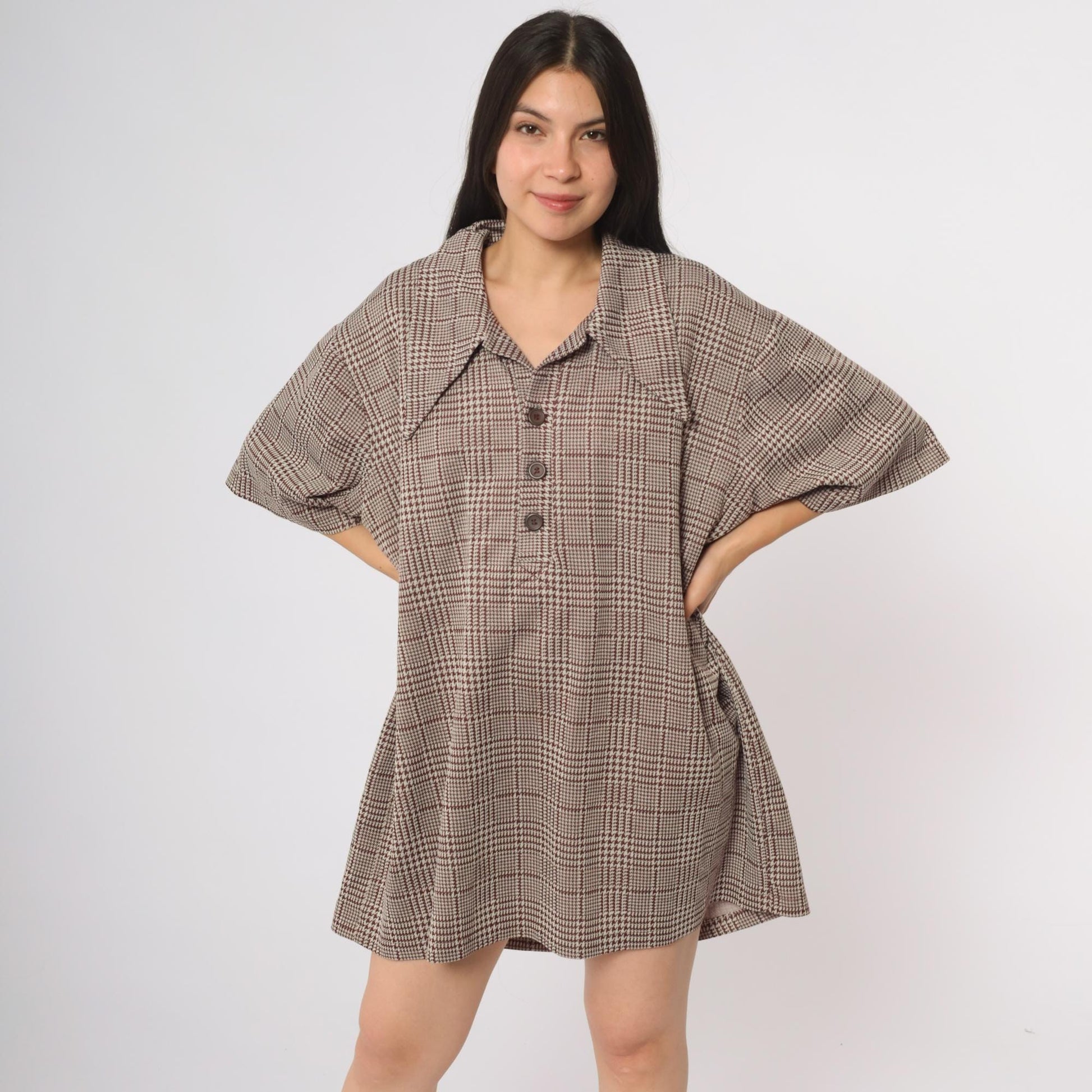 70s Houndstooth Glen Plaid Button Down Shirt Brown White Short Sleeve XXL