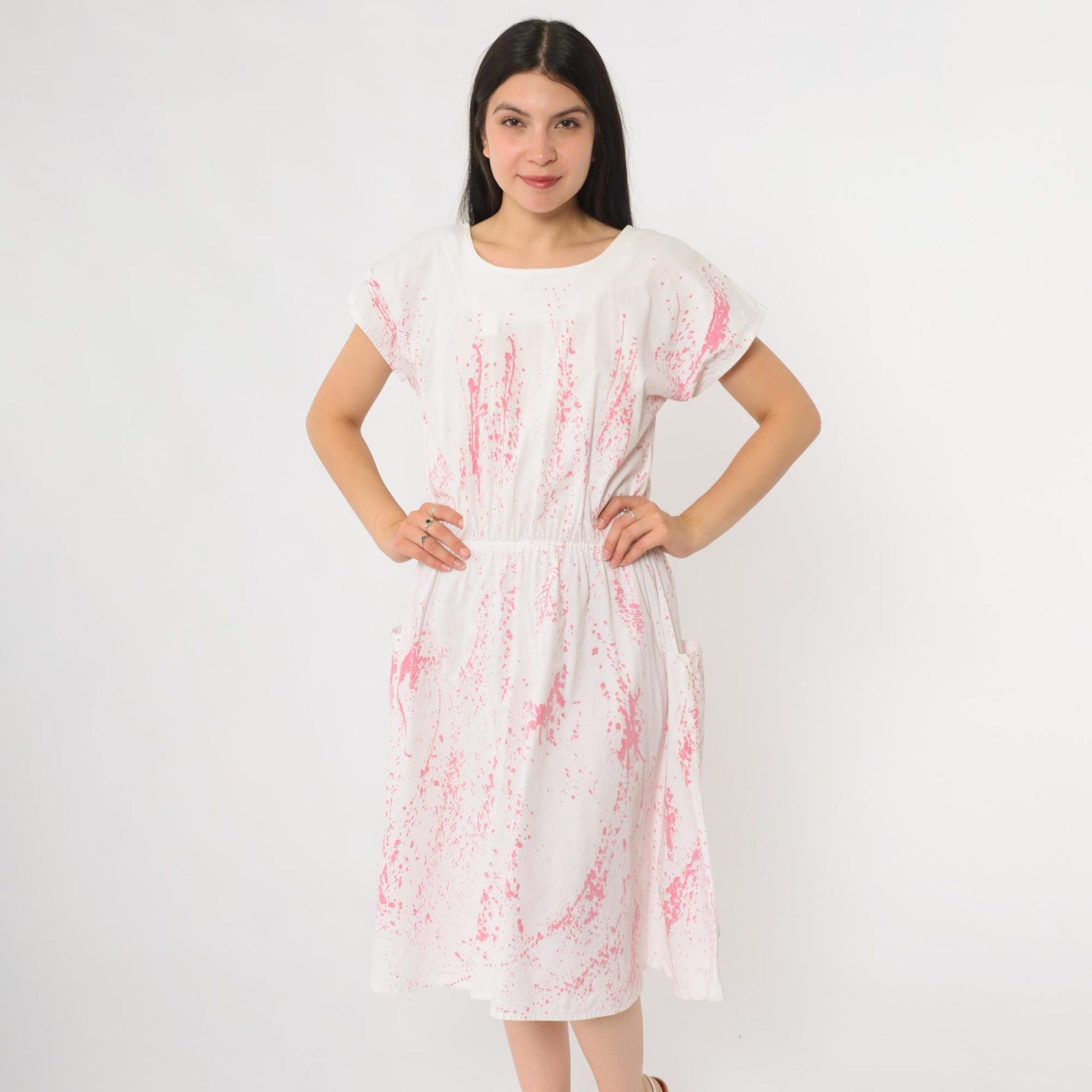 90s White Pink Splatter Print Midi Dress Cotton Short Sleeve Pockets Small