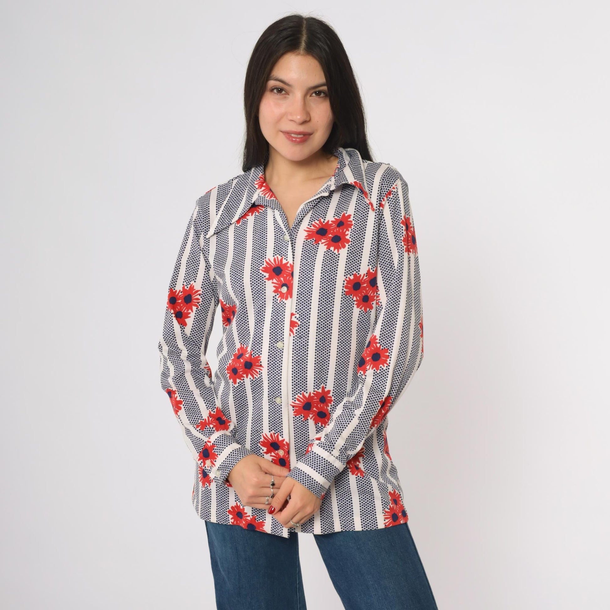 70s Shapely Floral Striped Button Down Shirt Navy Red Daisy Large L
