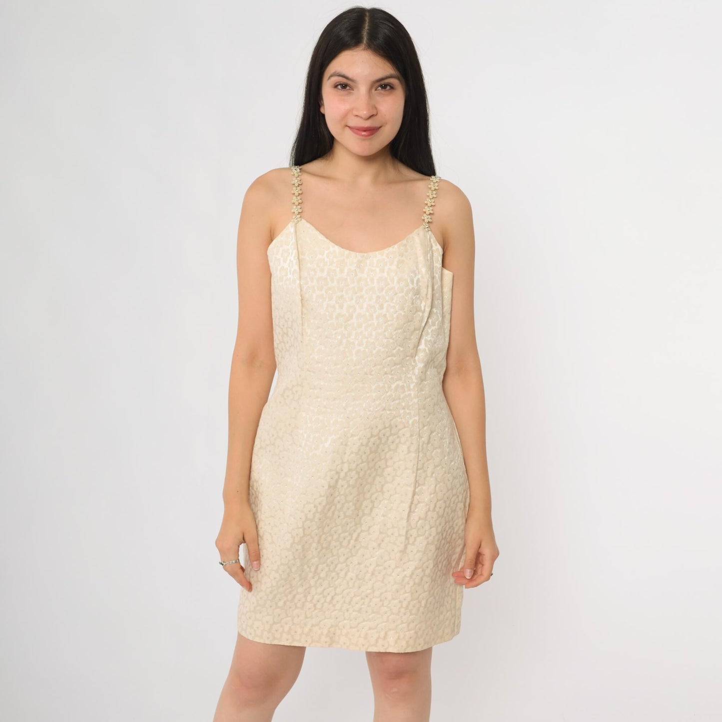 90s Jessica McClintock Gunne Sax Cream Gold Jacquard Mini Dress Beaded Straps Small S