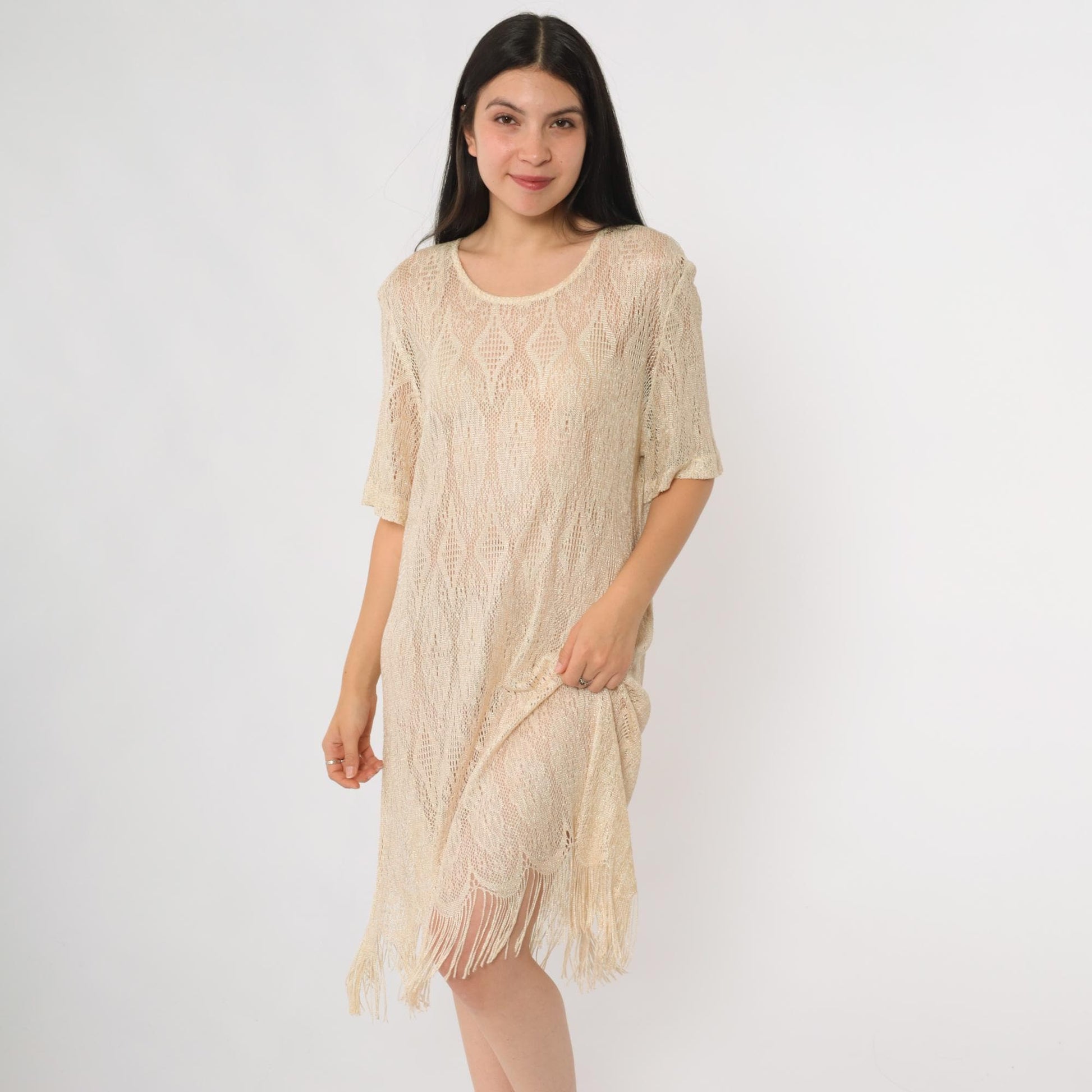 90s Sharade Nites Crochet Mini Dress Cream Metallic Fringe Scalloped Hem Size 16