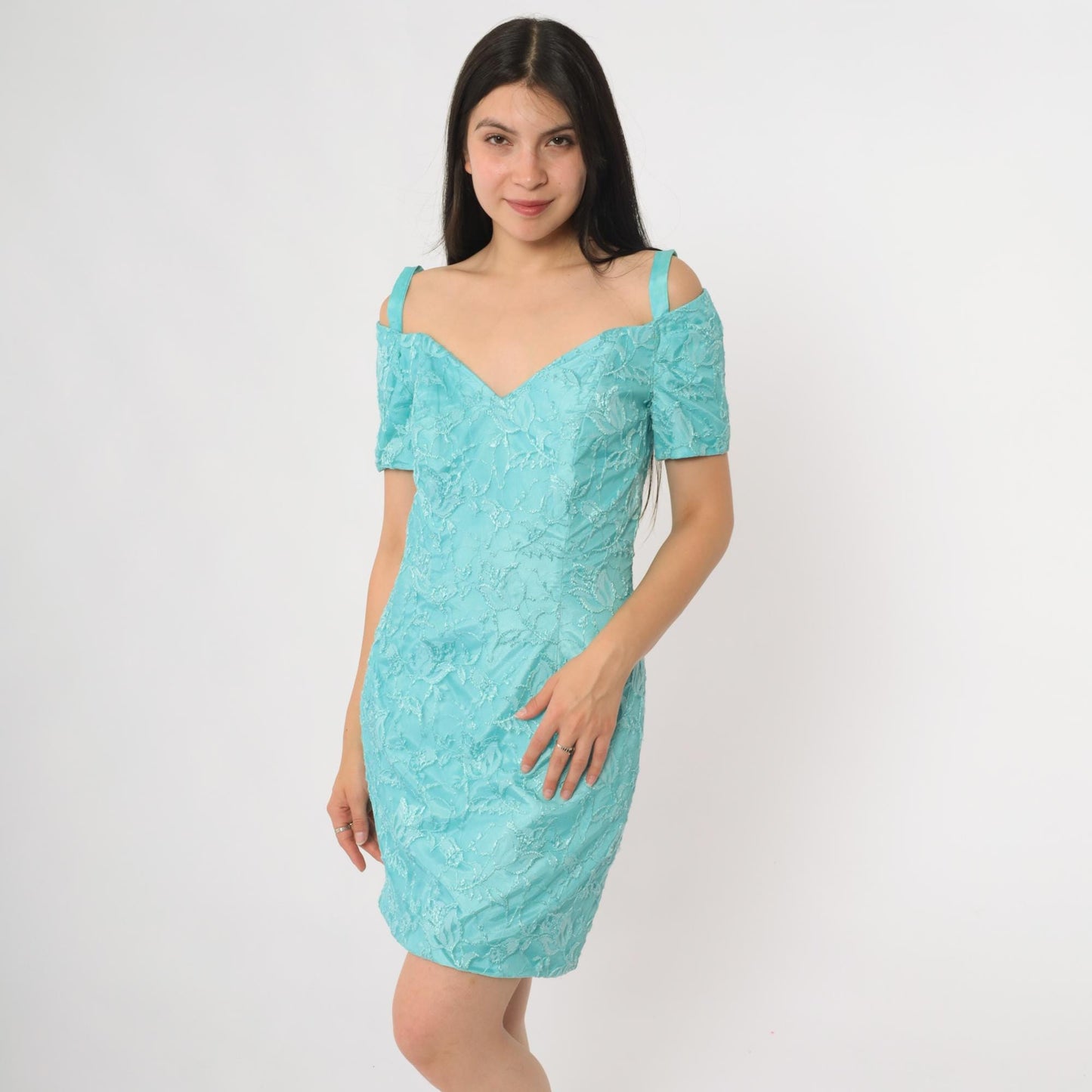 80s Turquoise Lace Mini Dress Off-Shoulder Sweetheart Neckline Short Sleeve Extra Small XS