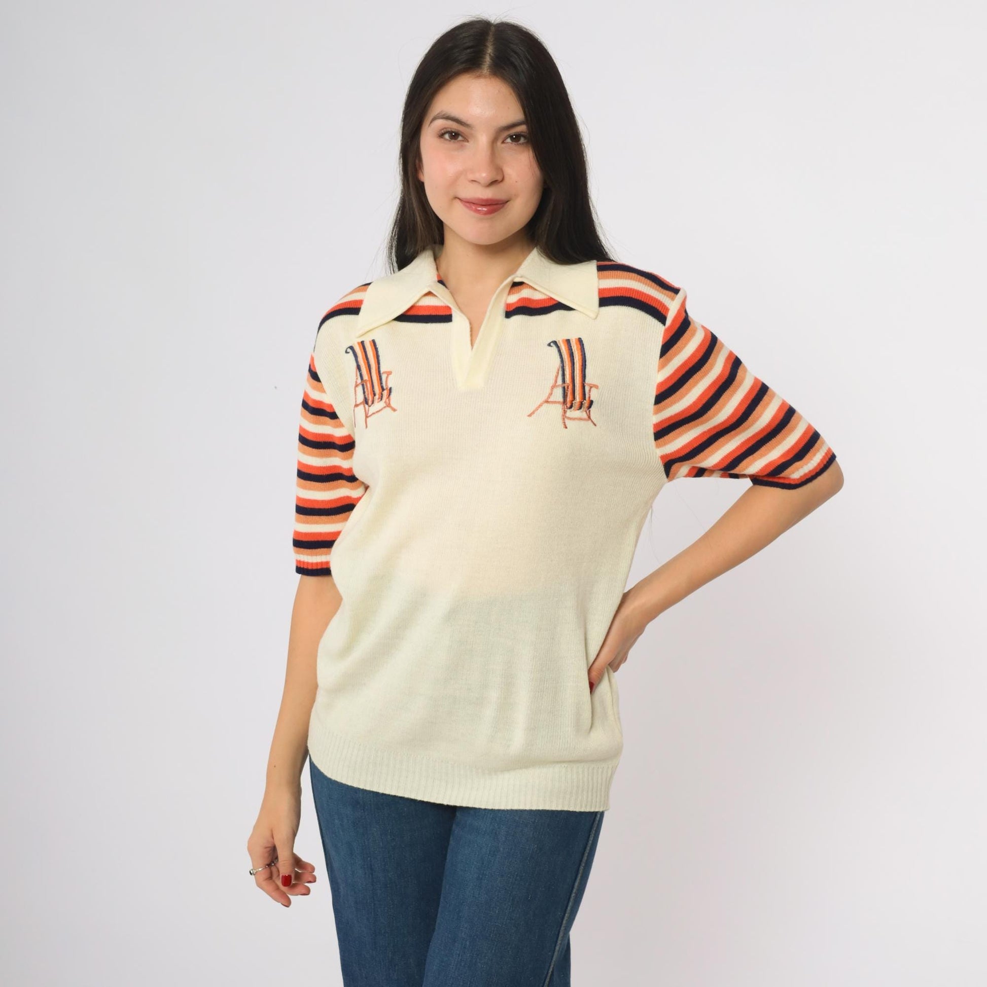 70s Sundowner Knit Polo Shirt Cream Orange Navy Striped Deck Chair Large
