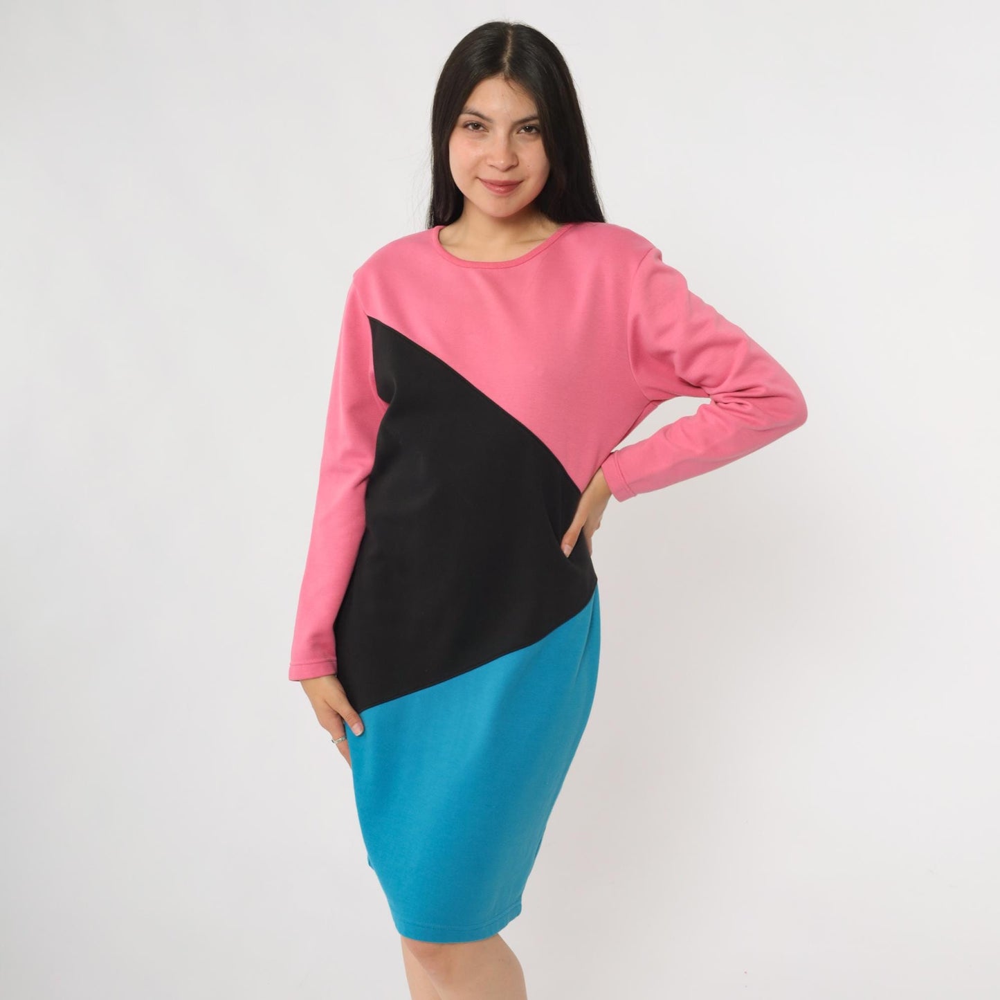 90s Gitano Colorblock Knit Dress Pink Black Blue Geometric Mini Small S