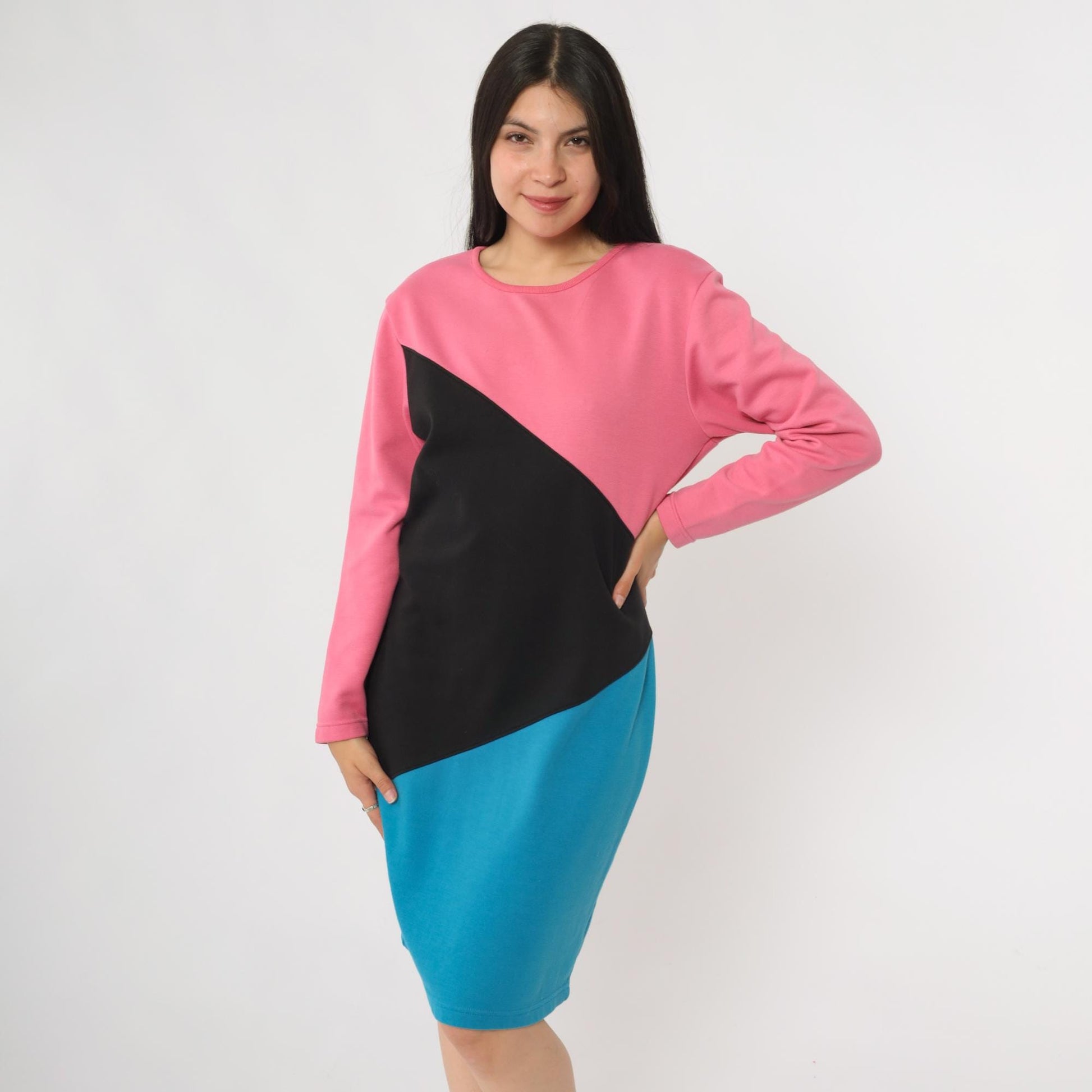 90s Gitano Colorblock Knit Dress Pink Black Blue Geometric Mini Small S
