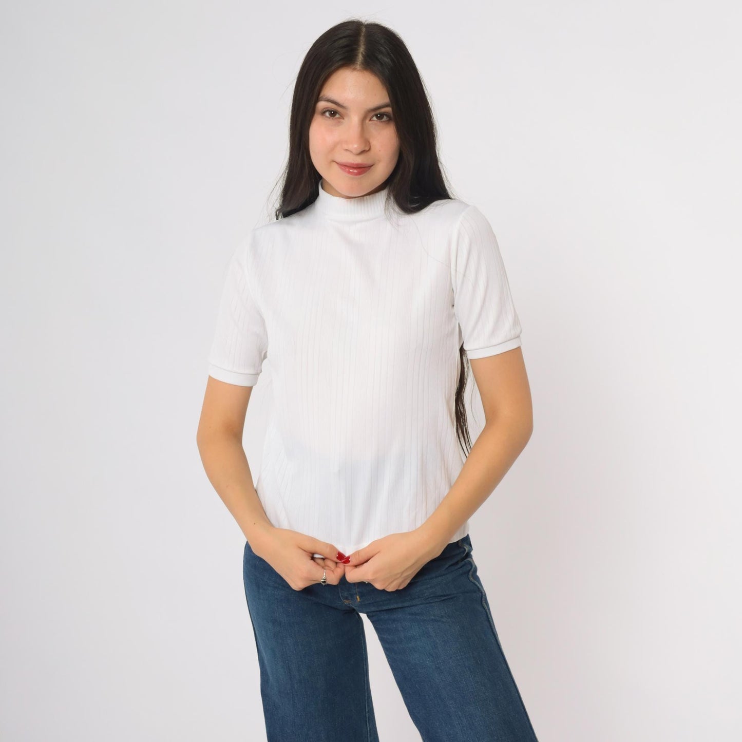 70s White Mock Neck Short Sleeve Ribbed Knit Fitted Top Small S