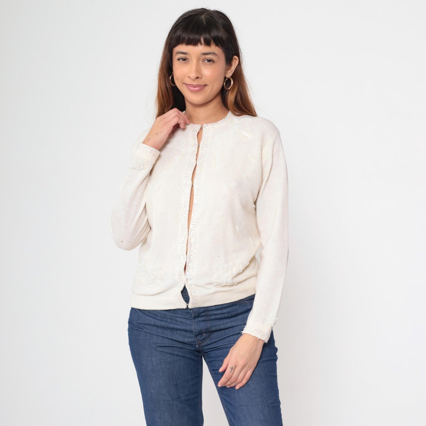 70s Cream Wool Cardigan Floral Beaded Pearl Button Sweater Small
