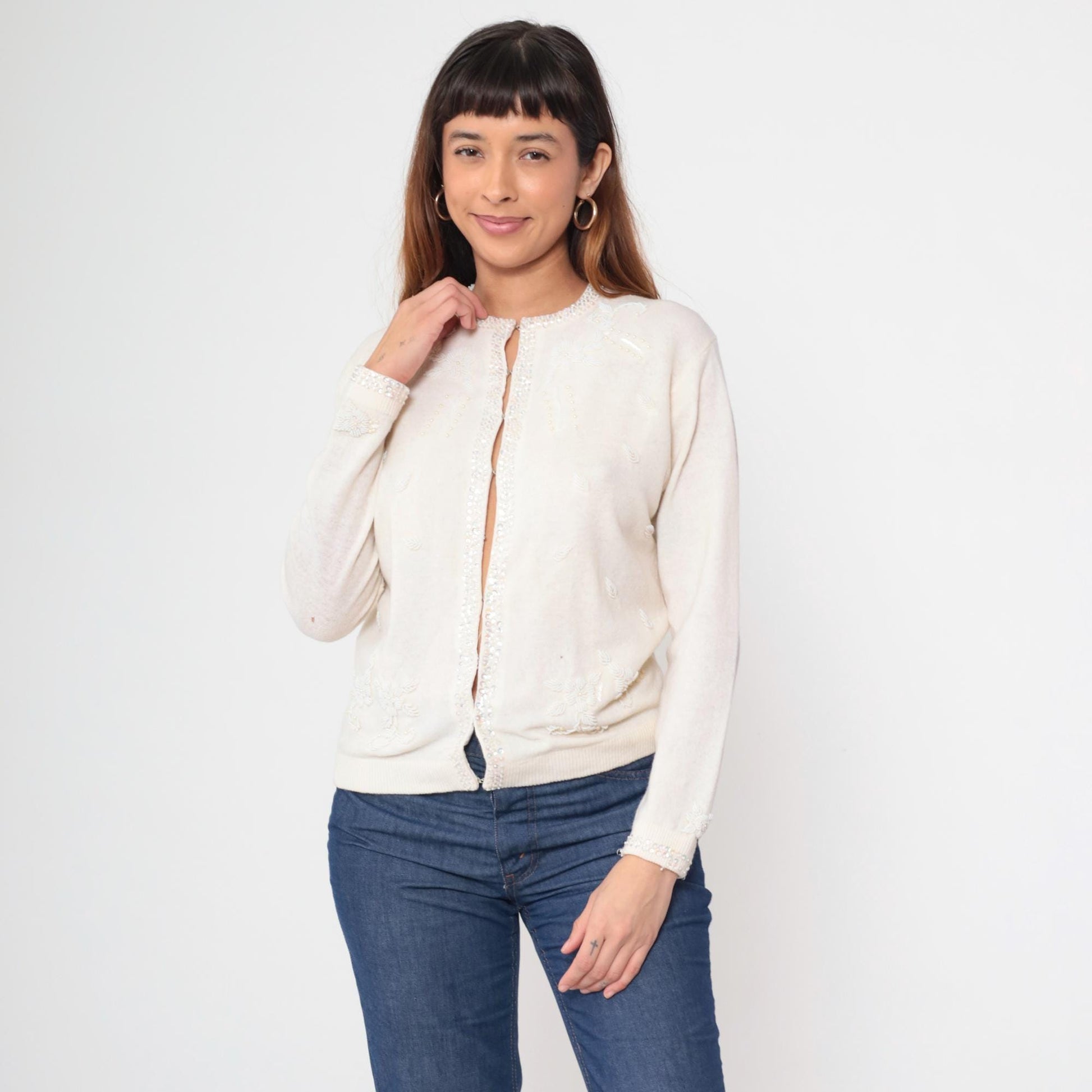 70s Cream Wool Cardigan Floral Beaded Pearl Button Sweater Small
