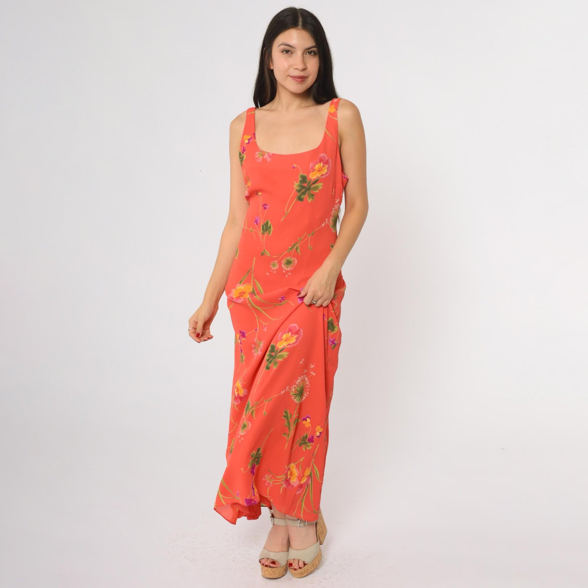 90s Coral Floral Maxi Dress Sleeveless Square Neck Tie Back Large