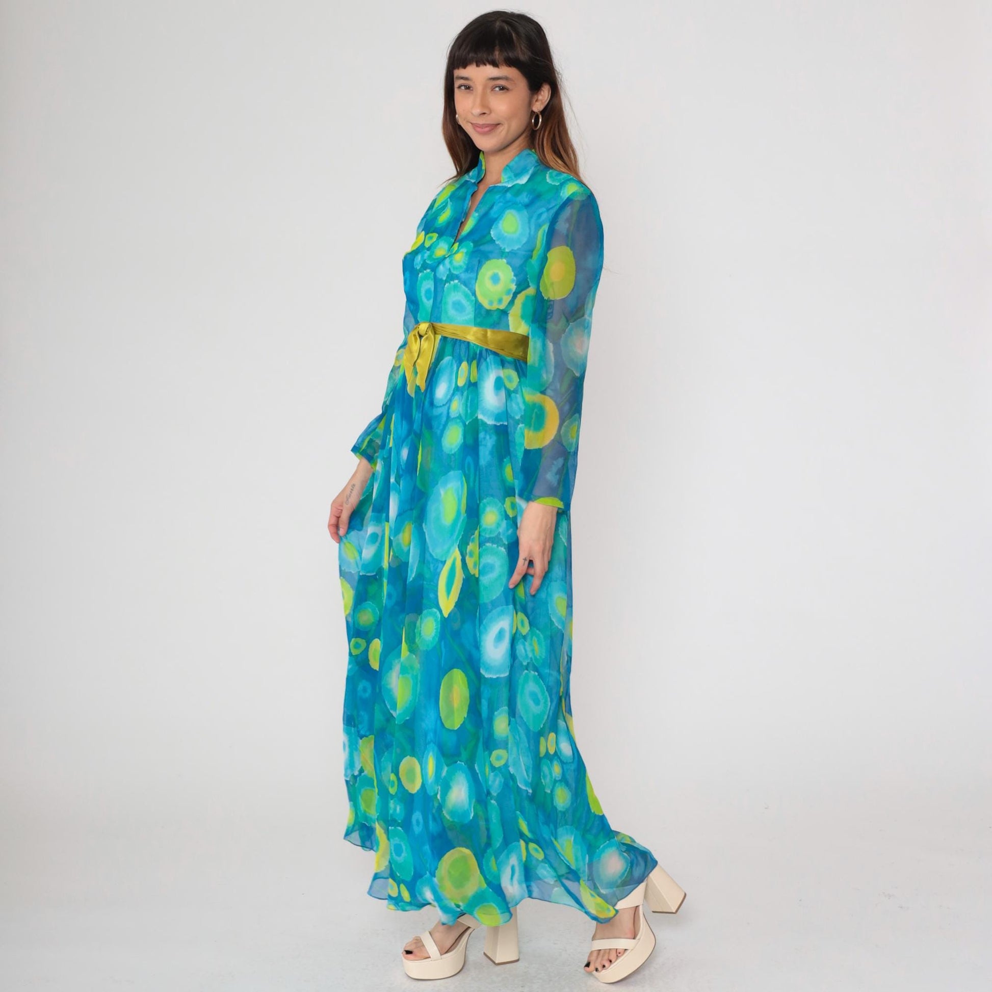 70s Maxi Dress Blue Green Psychedelic Print Sheer Collared Long Sleeve Medium