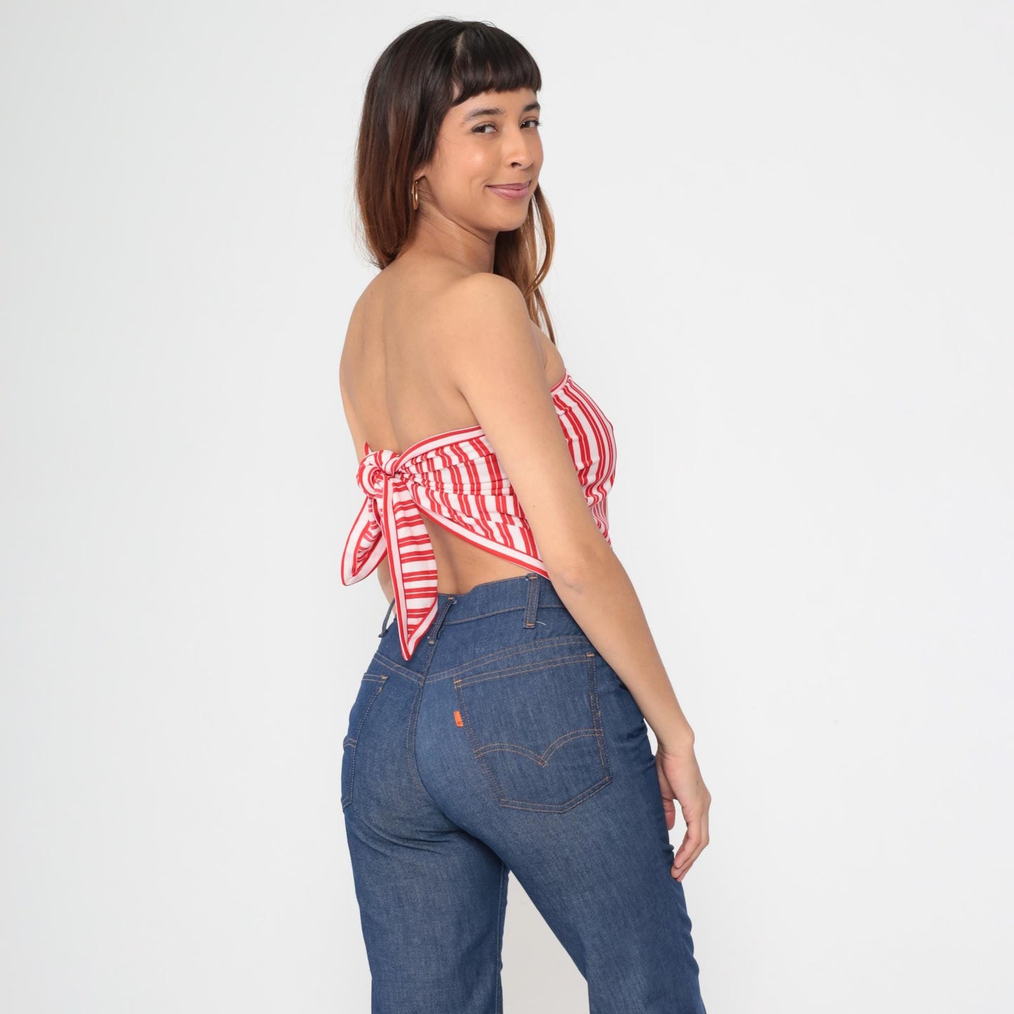 70s Red White Striped Bandana Halter Top Triangle Tie-Back One Size