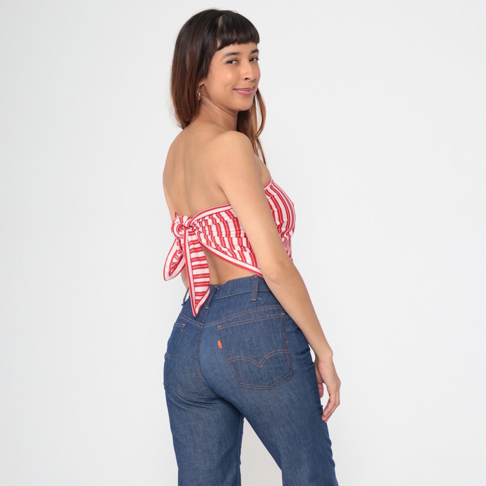 70s Red White Striped Bandana Halter Top Triangle Tie-Back One Size