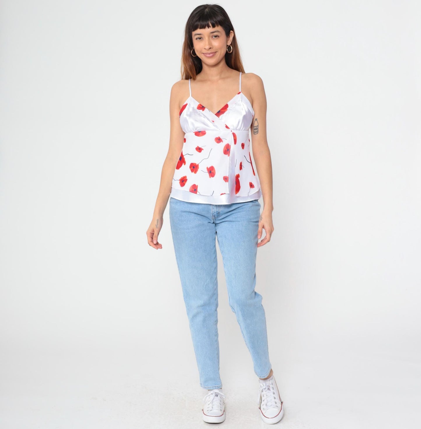 Y2K Red Poppy Floral Camisole White Spaghetti Strap Wrap Front Medium M