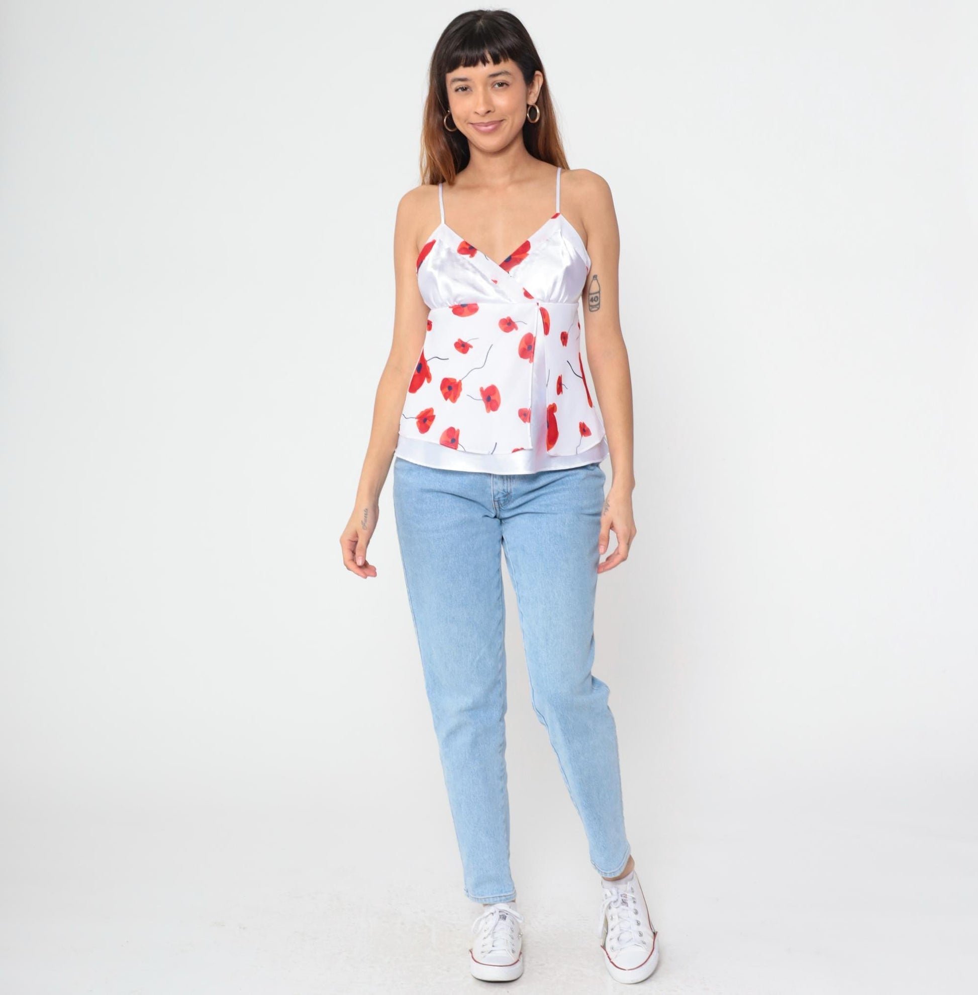 Y2K Red Poppy Floral Camisole White Spaghetti Strap Wrap Front Medium M