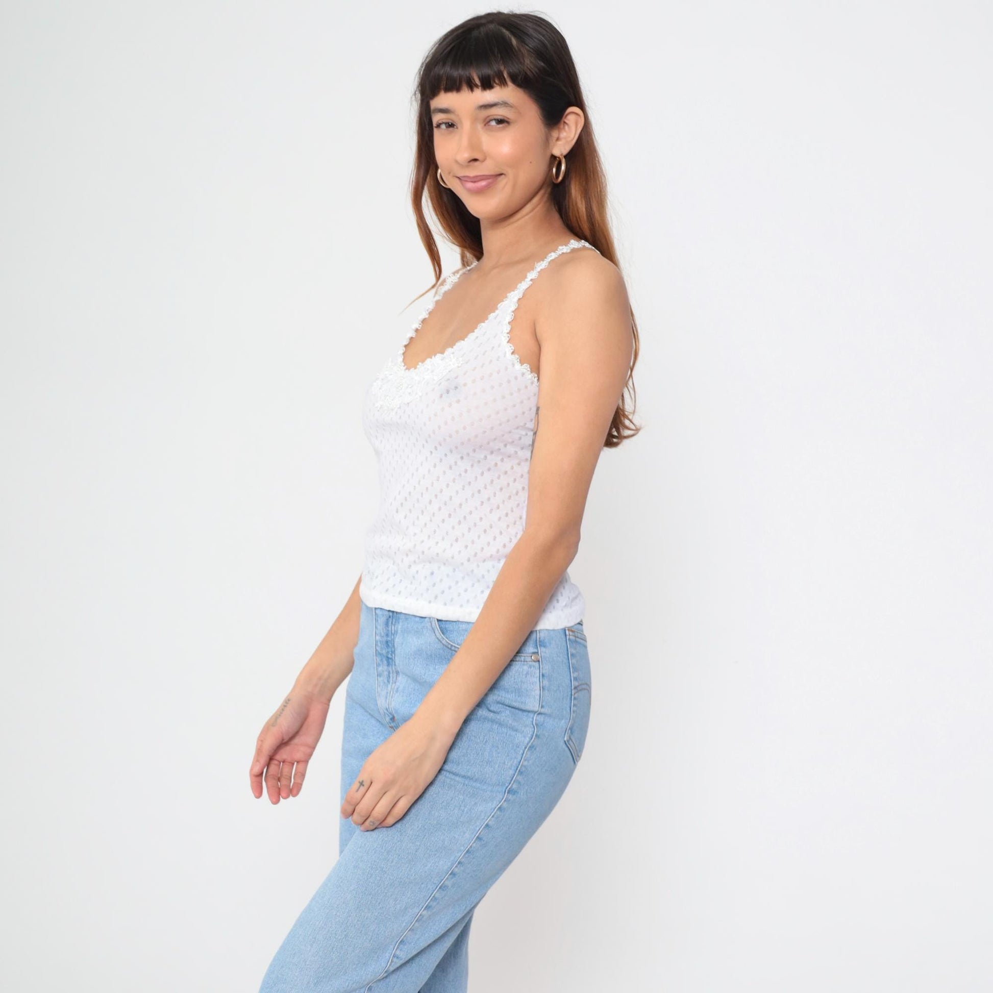 90s Karessah White Eyelet Camisole Lace Trim Spaghetti Straps Medium M