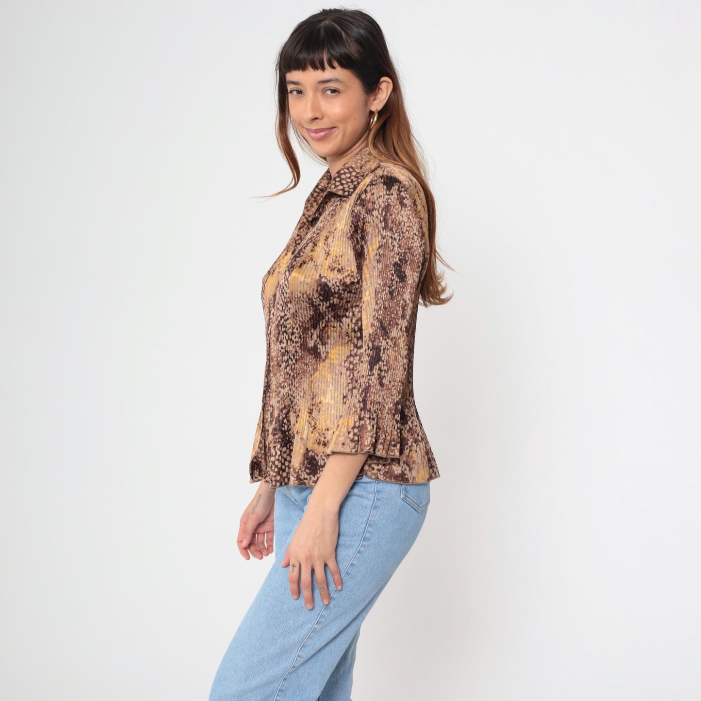 Y2K Jaclyn Smith Snake Print Blouse Brown Python Bell Sleeve Small S