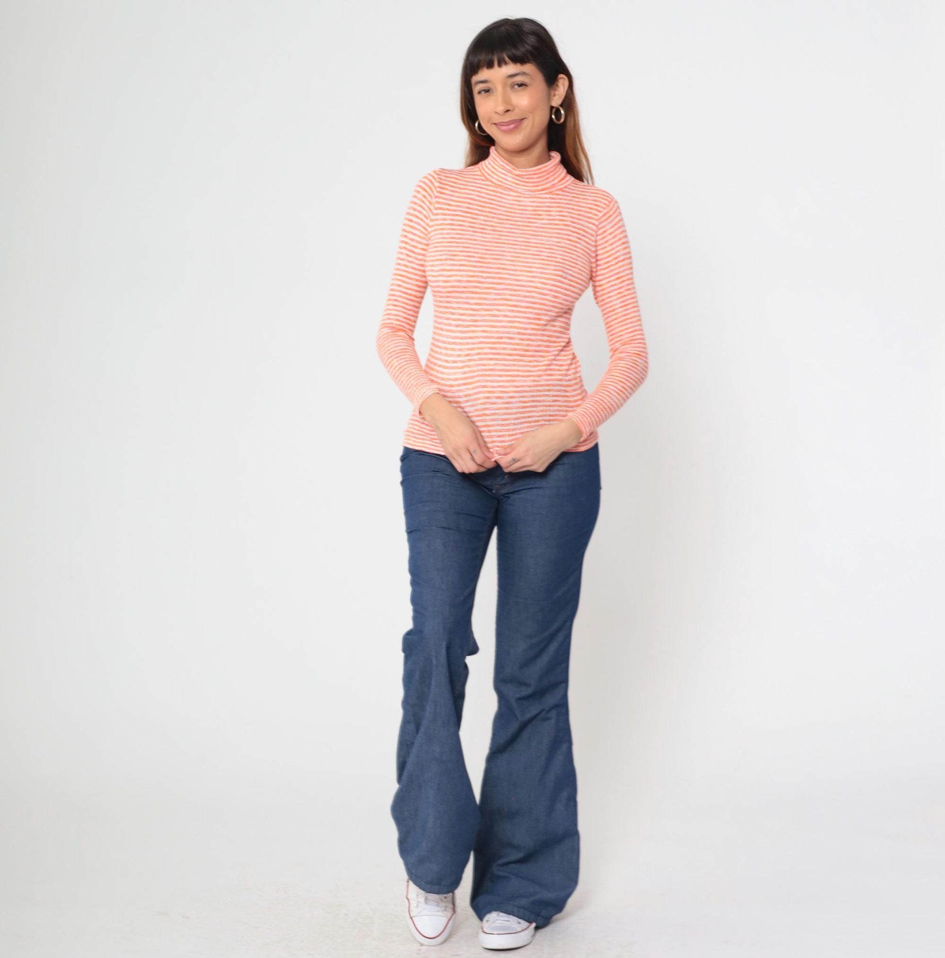 70s Orange White Striped Turtleneck Mock Neck Ribbed Knit Small S
