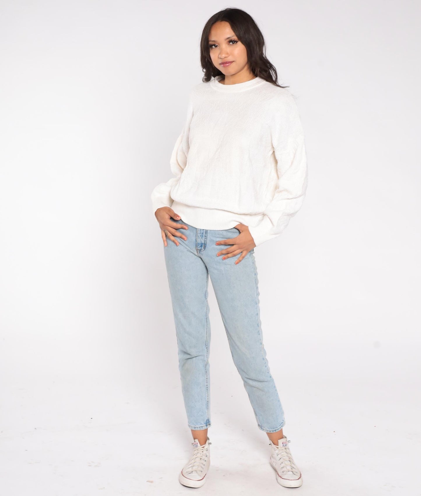 80s Neiman Marcus Cable Knit Sweater Cream Cotton Crew Neck Large L