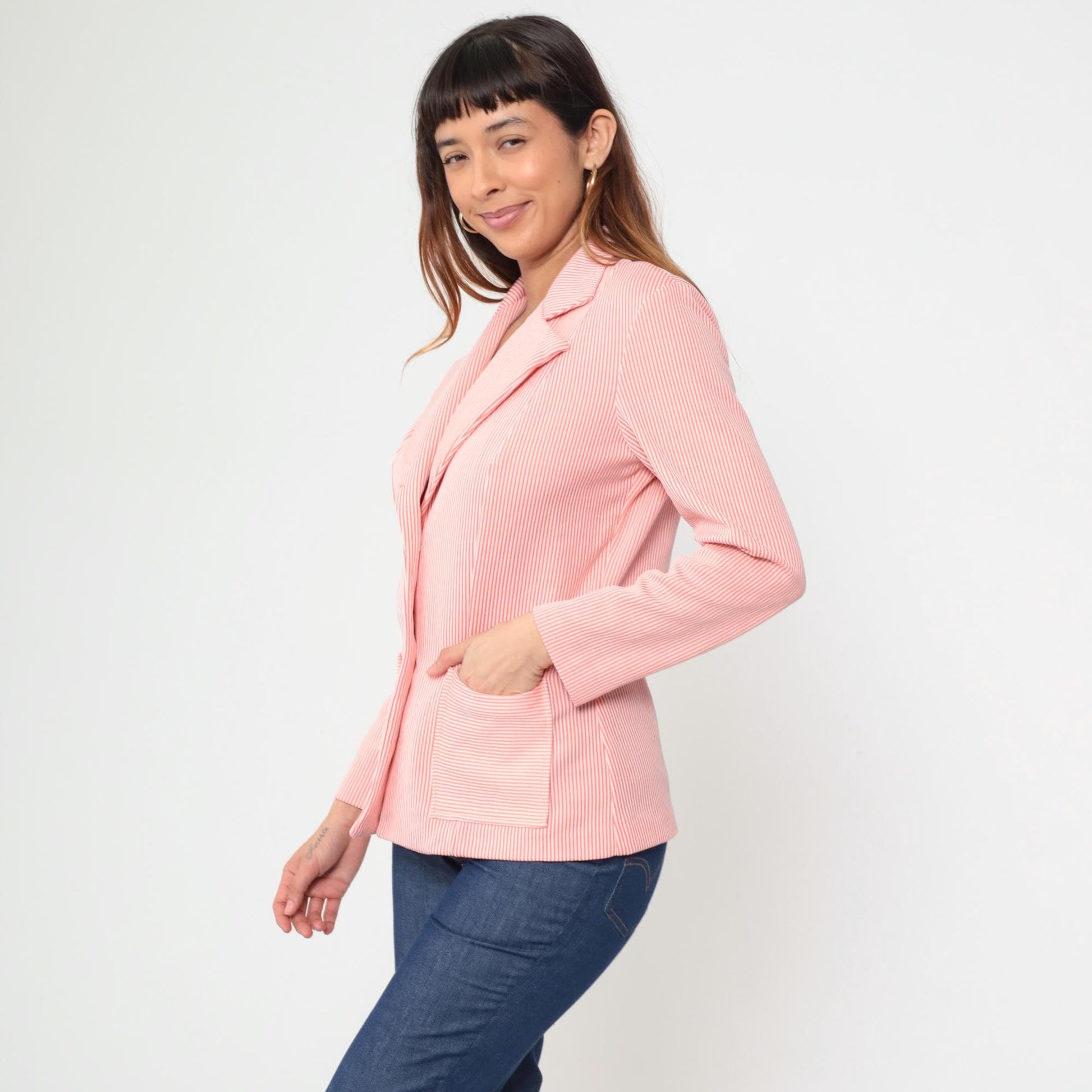 70s Pink White Pinstripe Blazer Button Front Notched Lapel Medium M