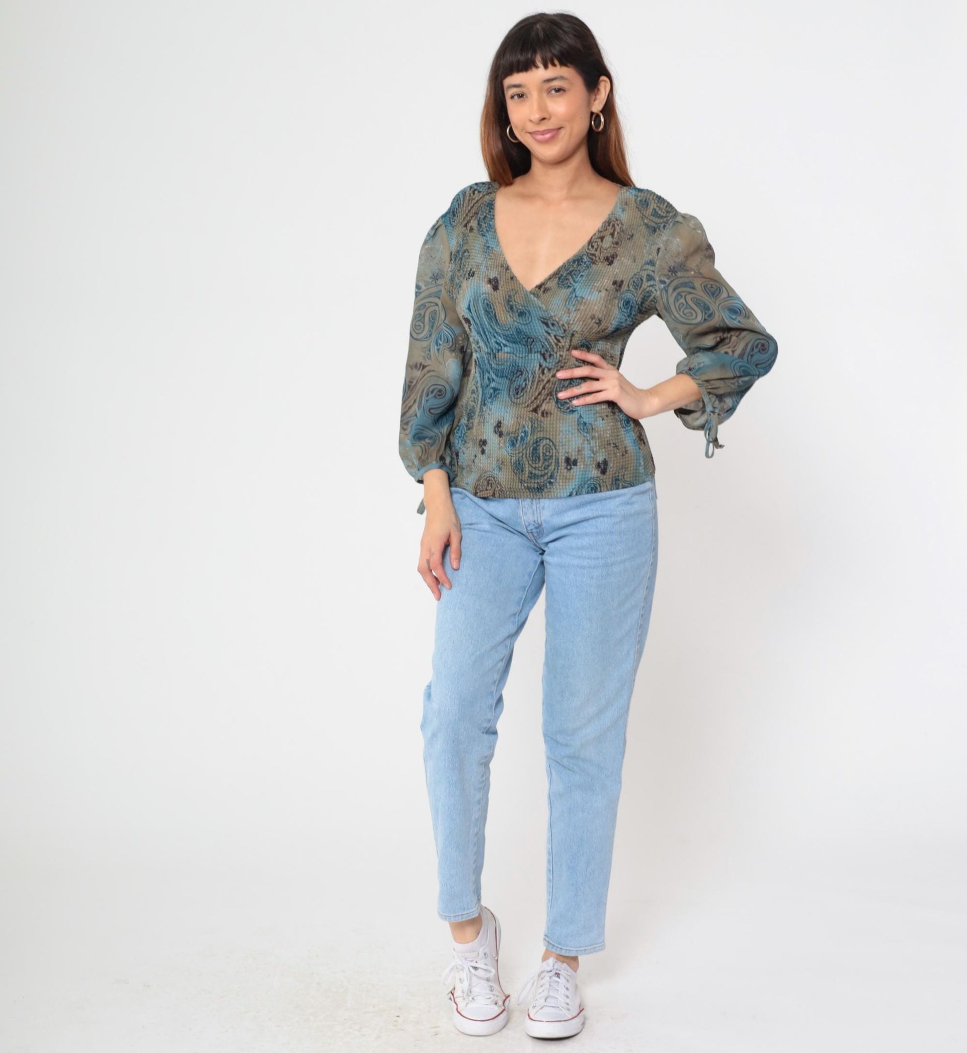 Y2K Nicola Paisley Wrap Top Blue Mixed Print Tie Sleeve Medium M