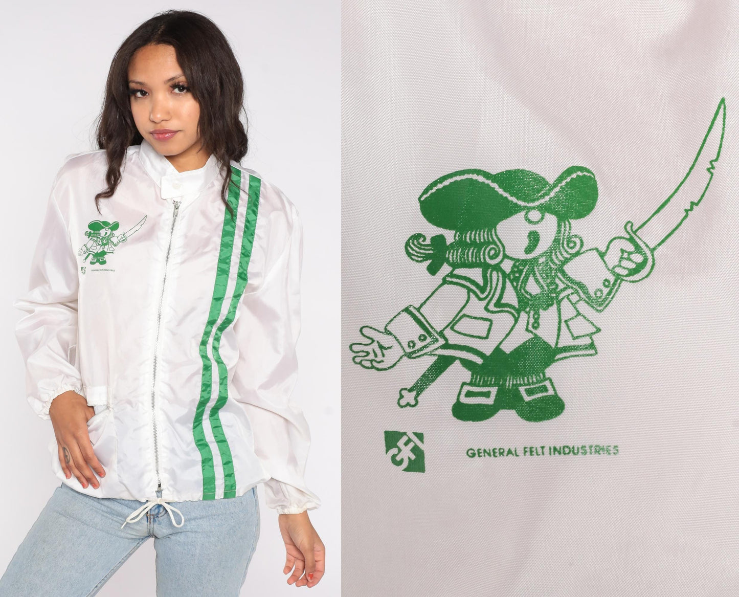 80s General Felt Industries Windbreaker Jacket White Green Stripe Pirate Logo Medium