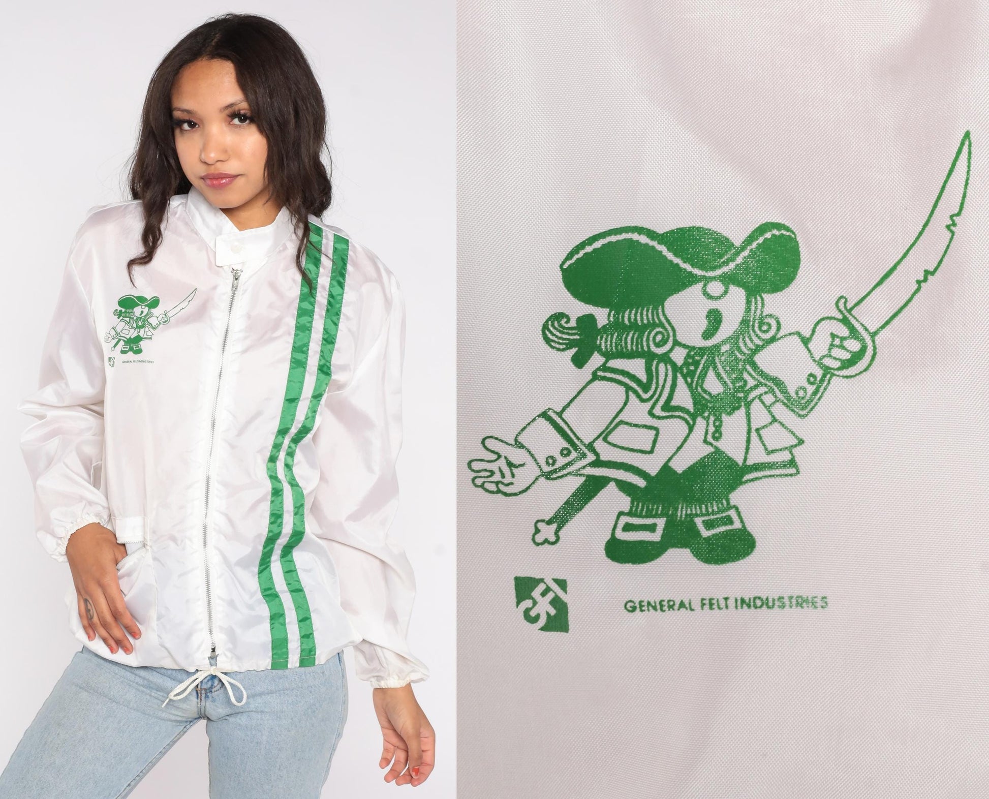 80s General Felt Industries Windbreaker Jacket White Green Stripe Pirate Logo Medium