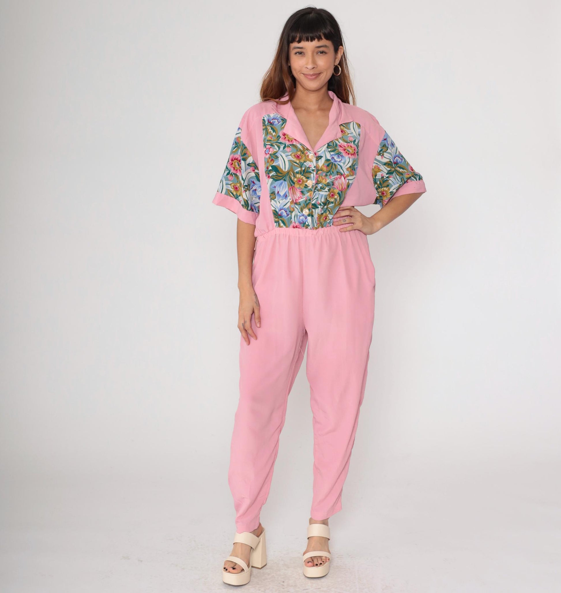 90s Pink Floral Jumpsuit Adolfo II Button Up Collared Tapered Medium