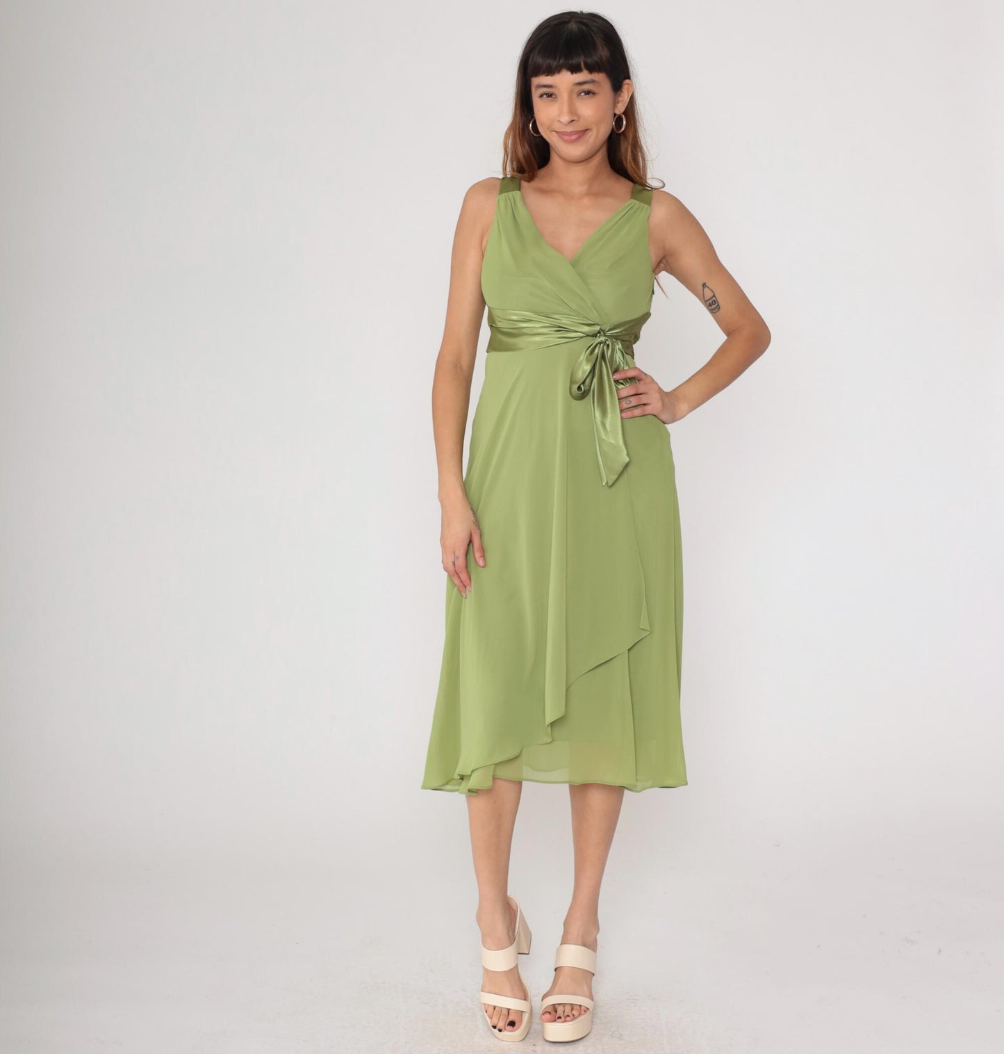 Y2K Green Satin Wrap Midi Dress V-Neck Chiffon Overlay Jones Studio Small