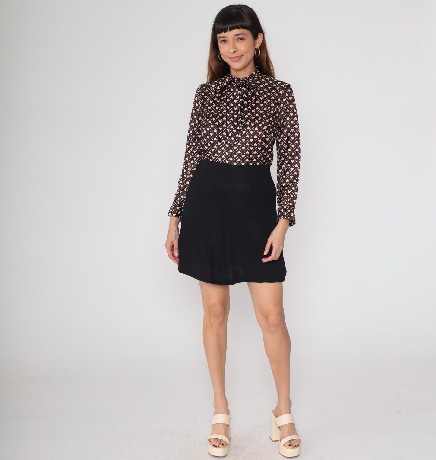 60s Heart Print Mini Dress Brown Pink Mock Neck Long Sleeve Medium M