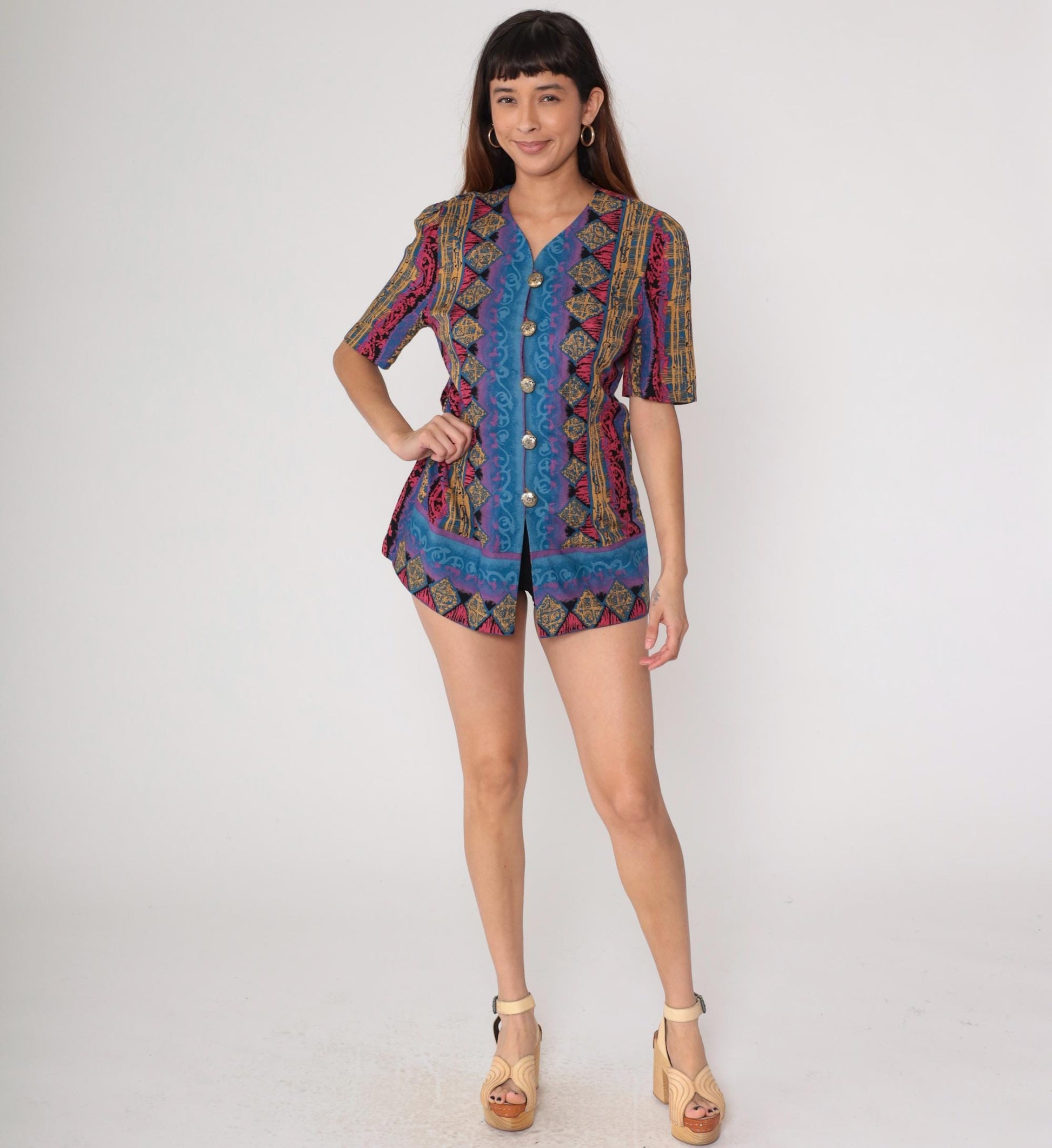 90s Tribal Geometric Mini Dress Blue Pink Gold Button Front Short Sleeve Medium