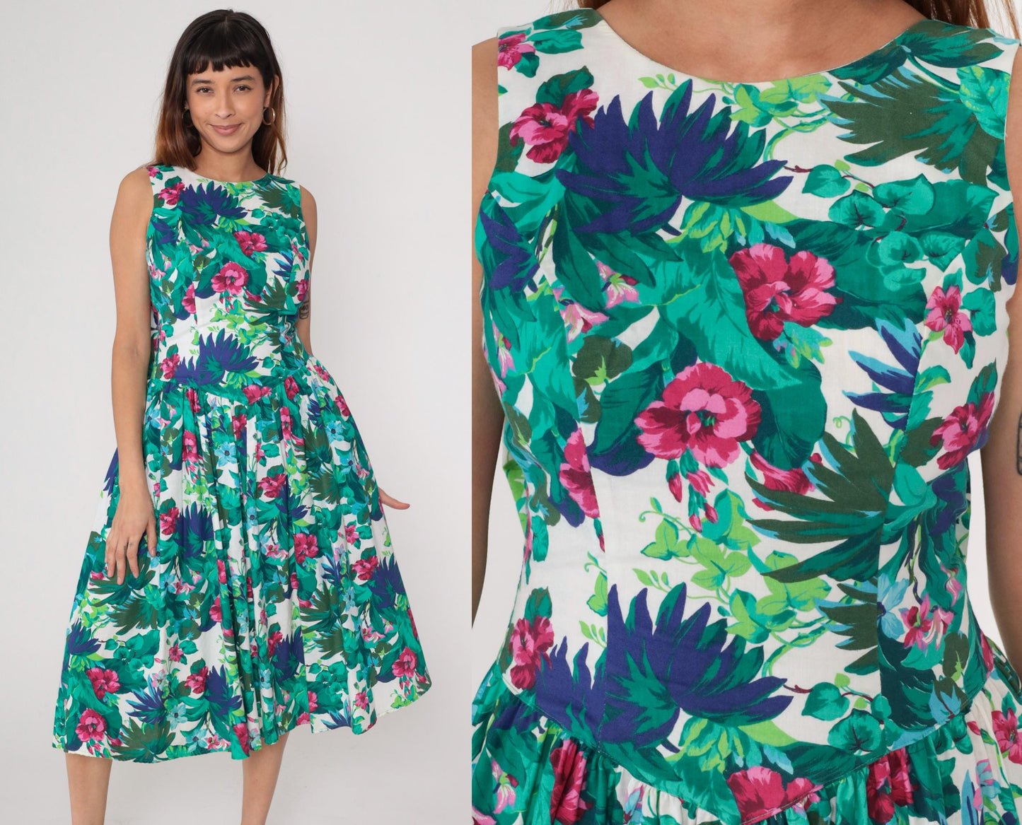 80s All That Jazz Tropical Floral Midi Dress Green Pink Open Back Small