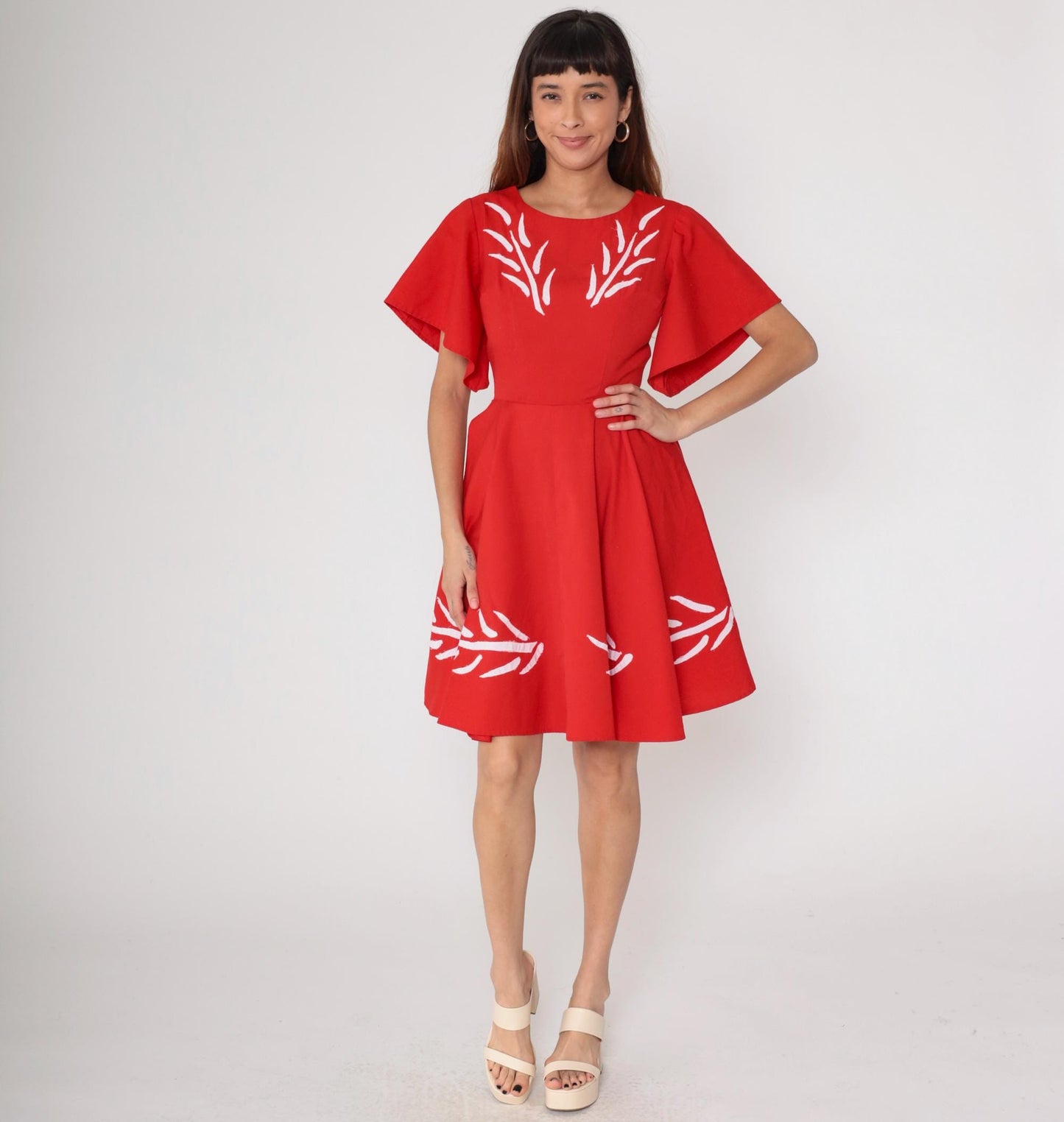 60s Red Mini Dress White Embroidery Flutter Sleeve Fit Flare Cotton Small