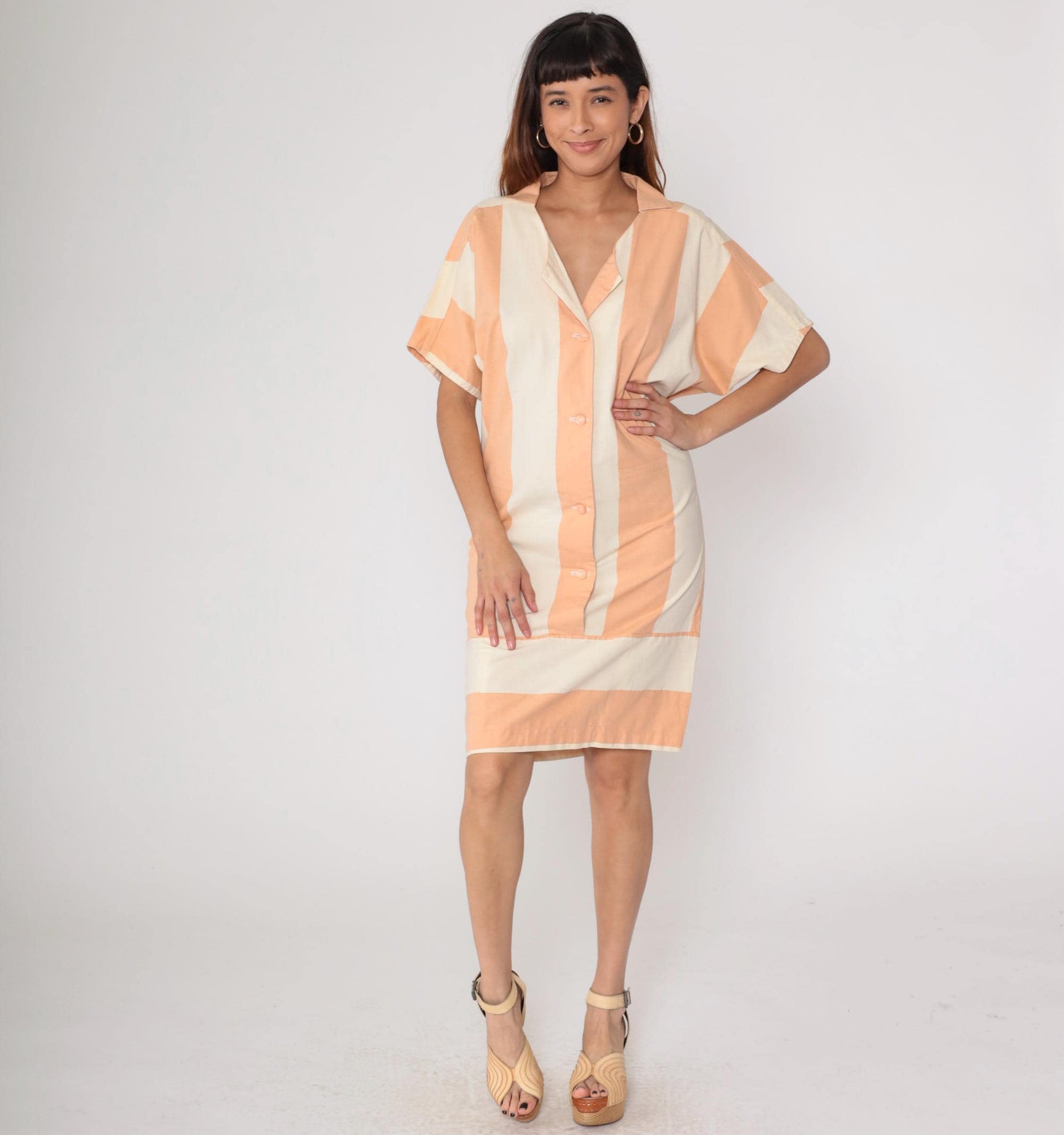 80s Peach Cream Striped Shirt Dress Button Front Collar Cotton Medium