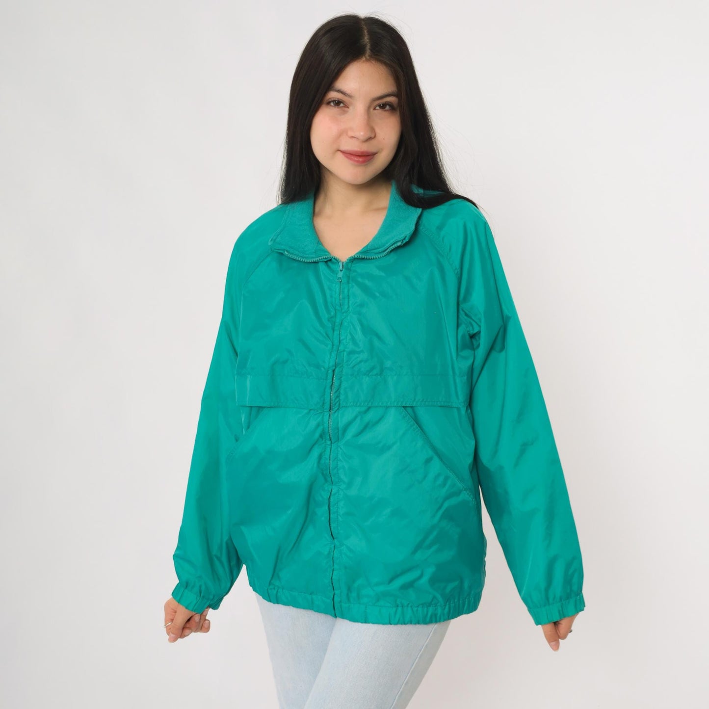 80s Teal Nylon Windbreaker Jacket Raglan Zip Lightweight Medium M