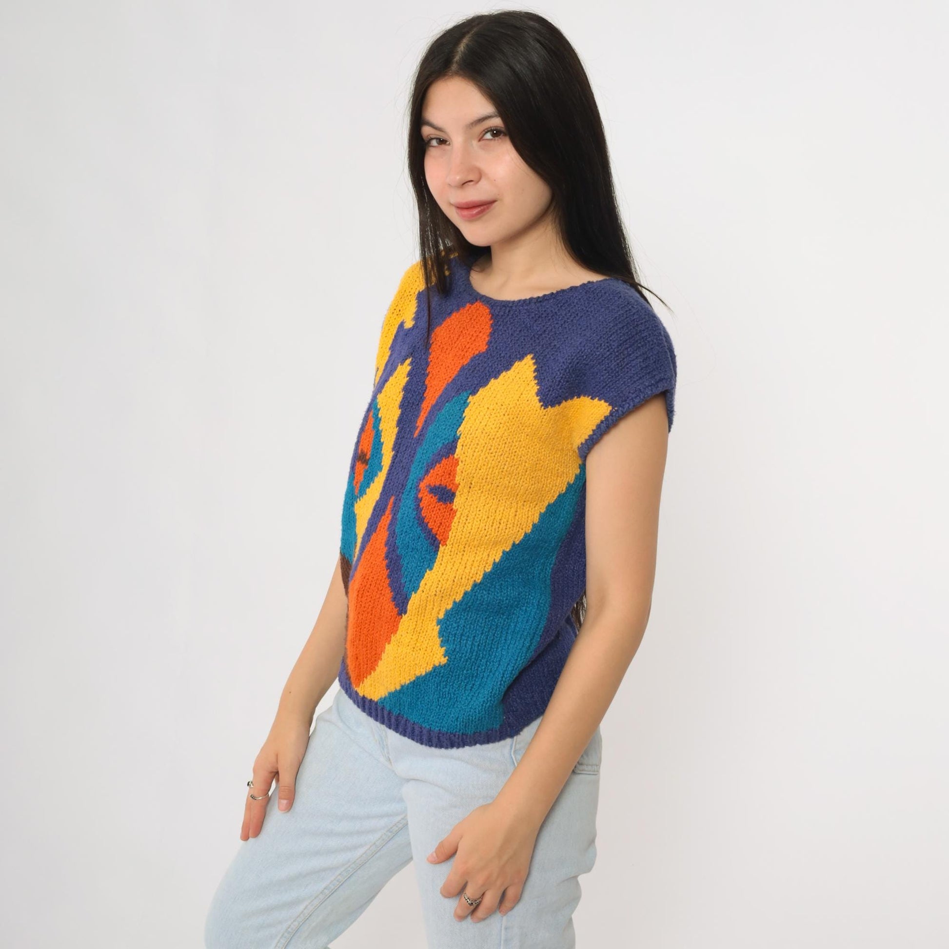 80s Jeanne Pierre Abstract Geometric Knit Vest Cap Sleeve Colorblock Medium