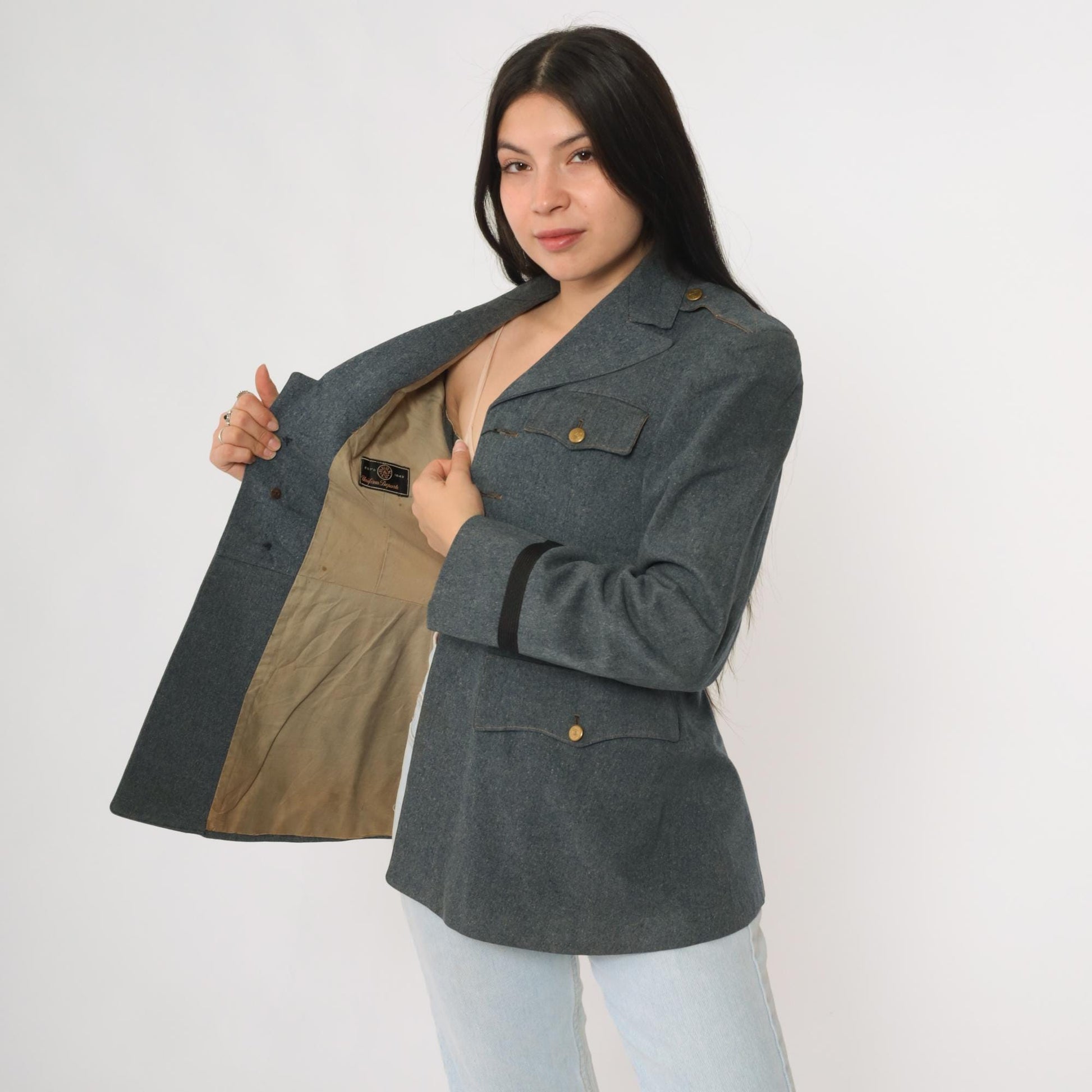 60s Burk & Co Military Academy Wool Blazer Blue-Gray Gold Button XS