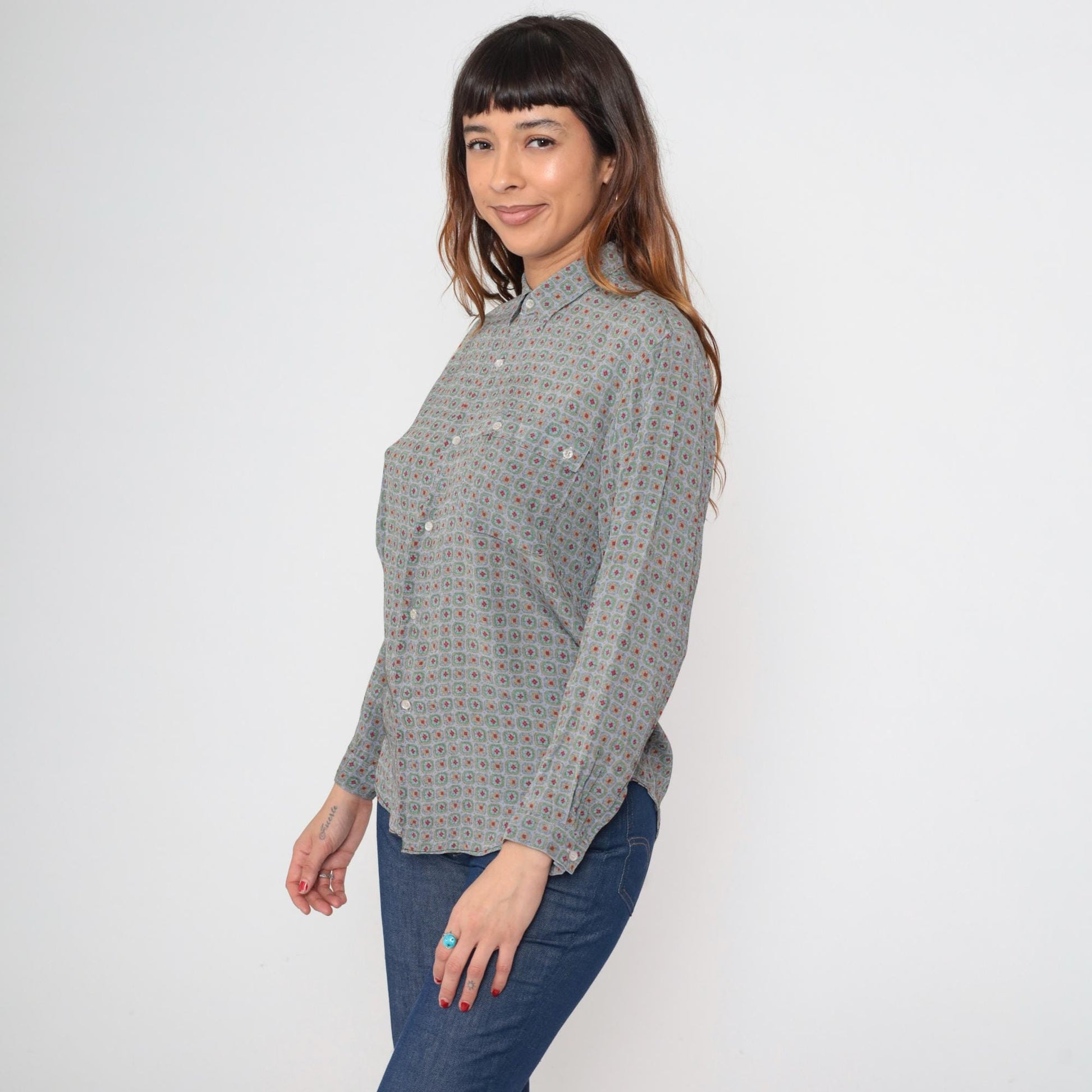 90s Geometric Floral Button Up Blouse Sage Green Red Print Medium