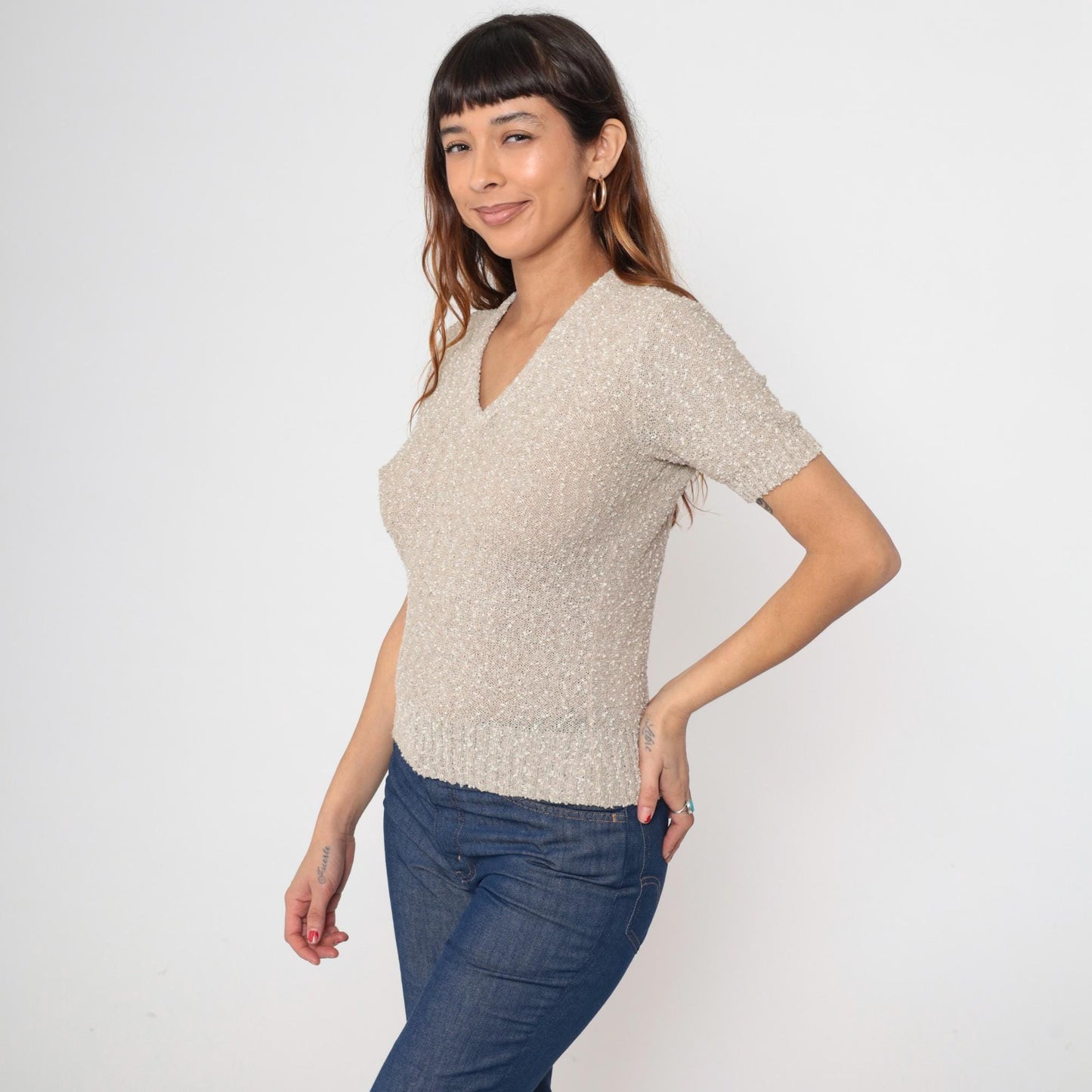 70s Beige Boucle Knit Top V-Neck Puff Sleeve Textured Fitted Small