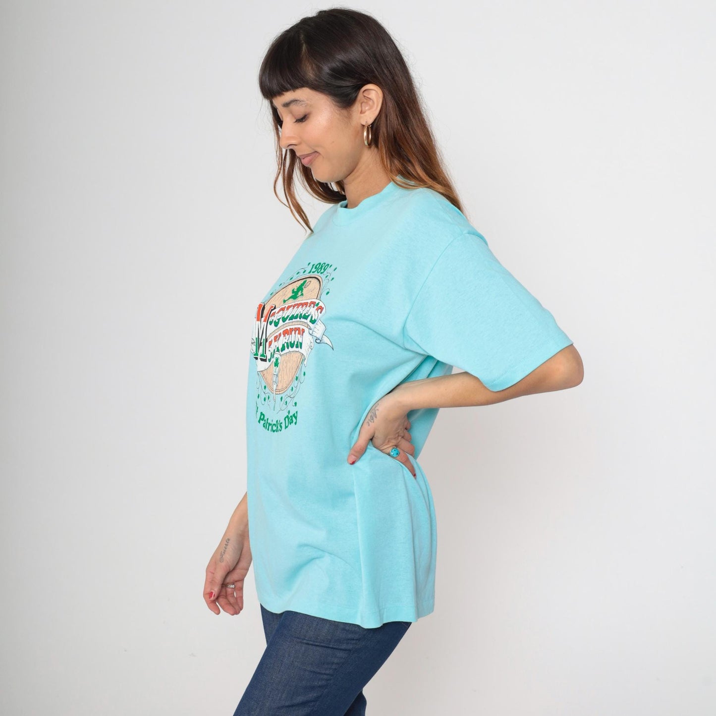 80s McGuire's 5K Run St Patrick's Day Graphic Tee Aqua Blue Extra Large XL