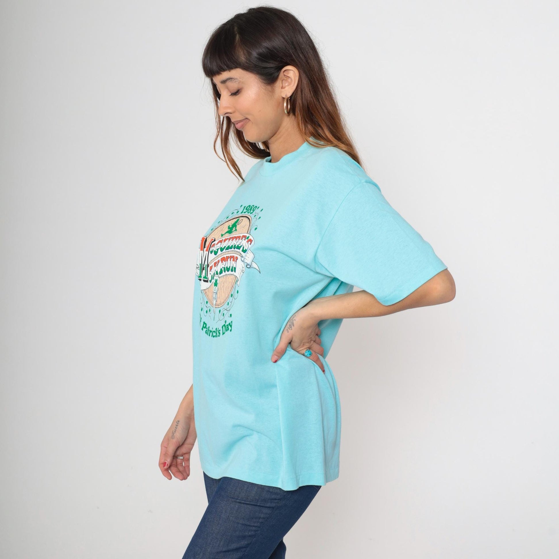 80s McGuire's 5K Run St Patrick's Day Graphic Tee Aqua Blue Extra Large XL