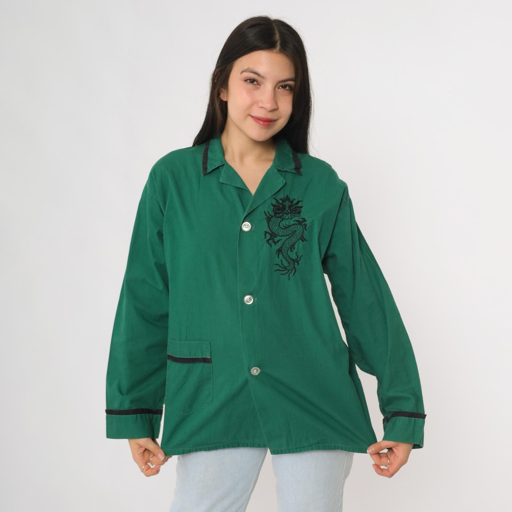 70s Dragon Embroidered Green Cotton Button Up Blouse Black Long Sleeve Large