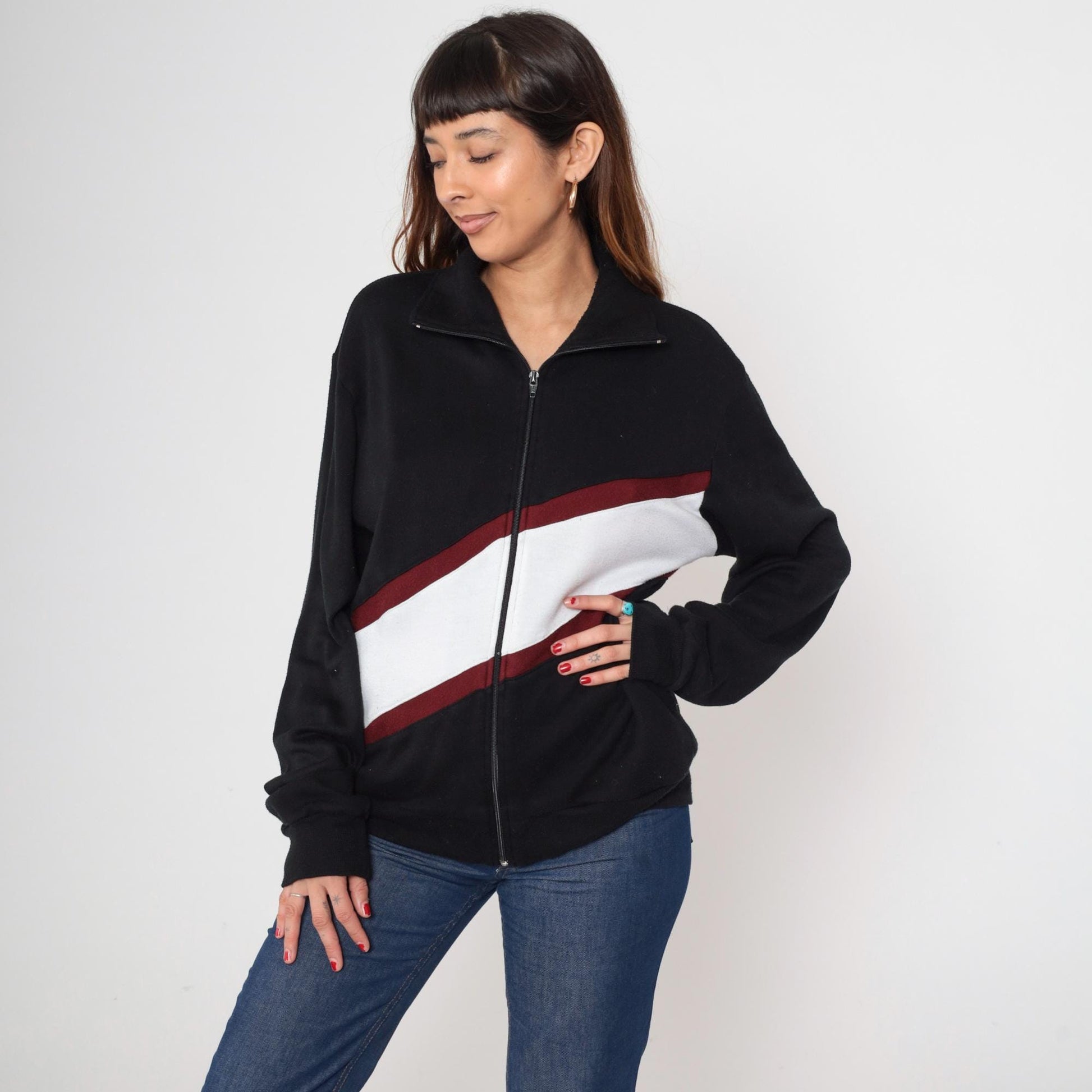 80s Track and Court Jacket Black Red White Color Block Zip Mock Neck Medium
