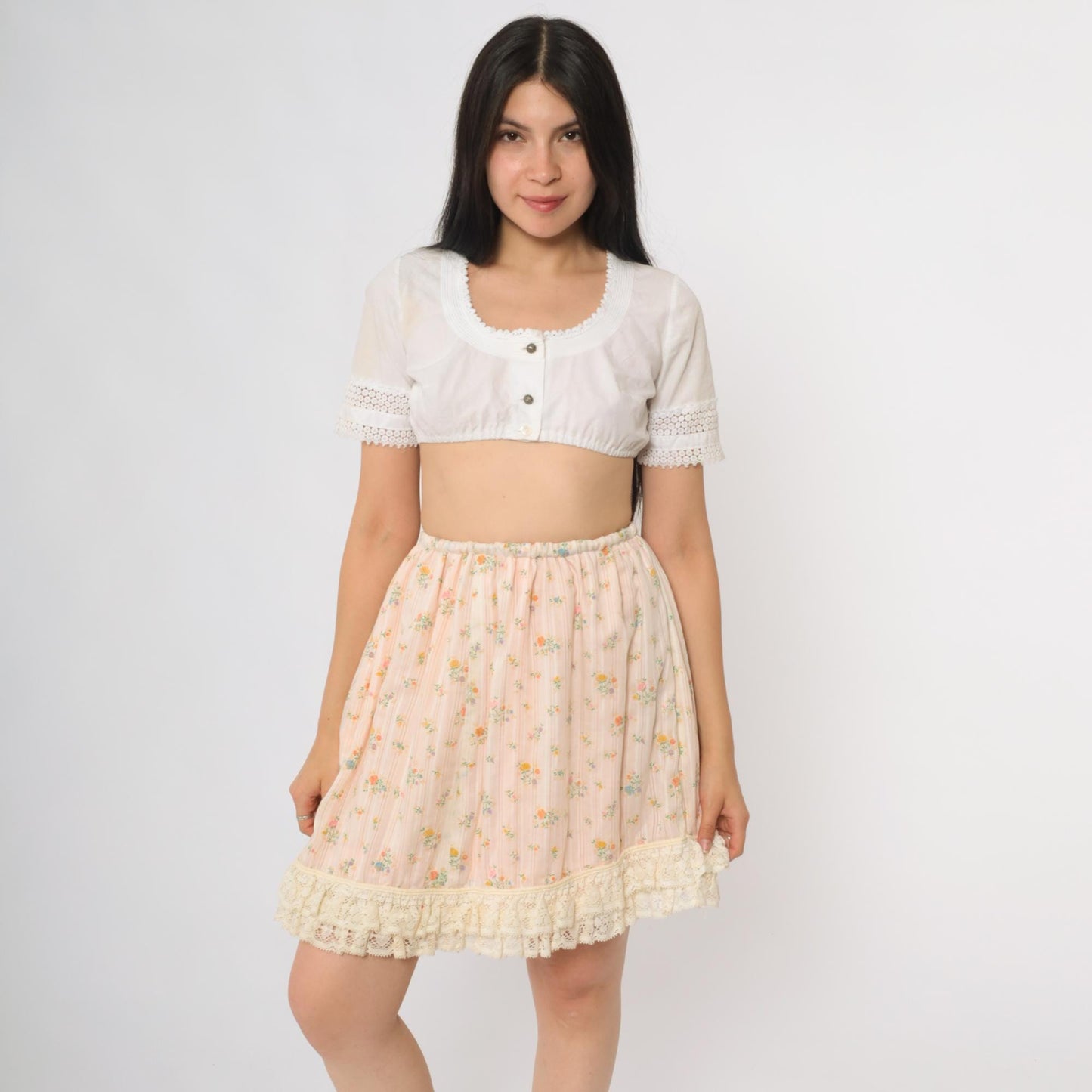70s Pink Floral Mini Skirt Lace Hem Elastic Waist Extra Small