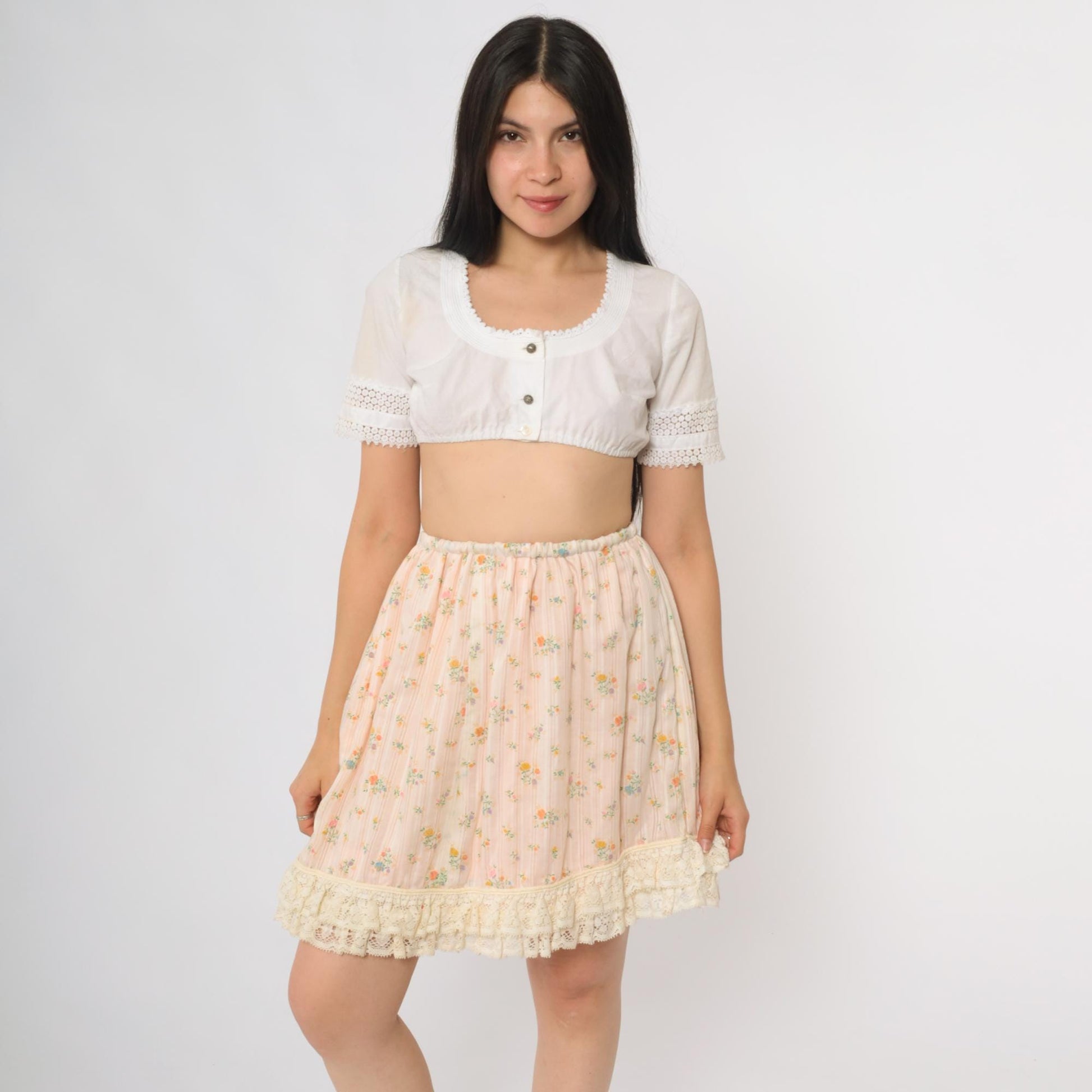 70s Pink Floral Mini Skirt Lace Hem Elastic Waist Extra Small