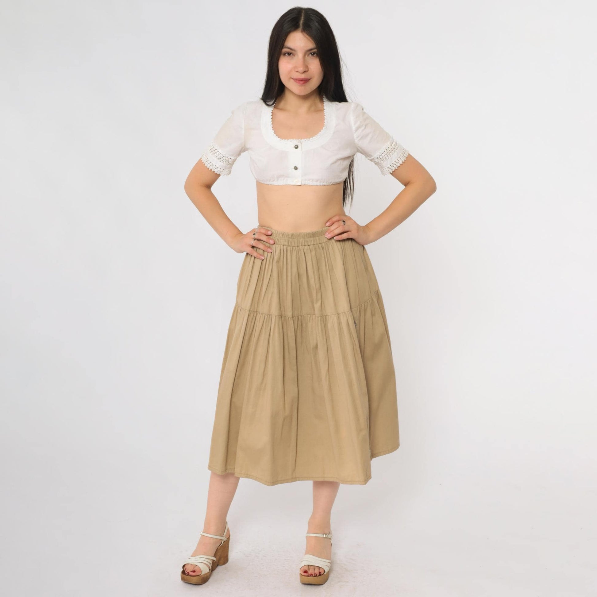 90s On The Verge Prairie Skirt Beige Cotton Midi Tiered Floral Buttons Small