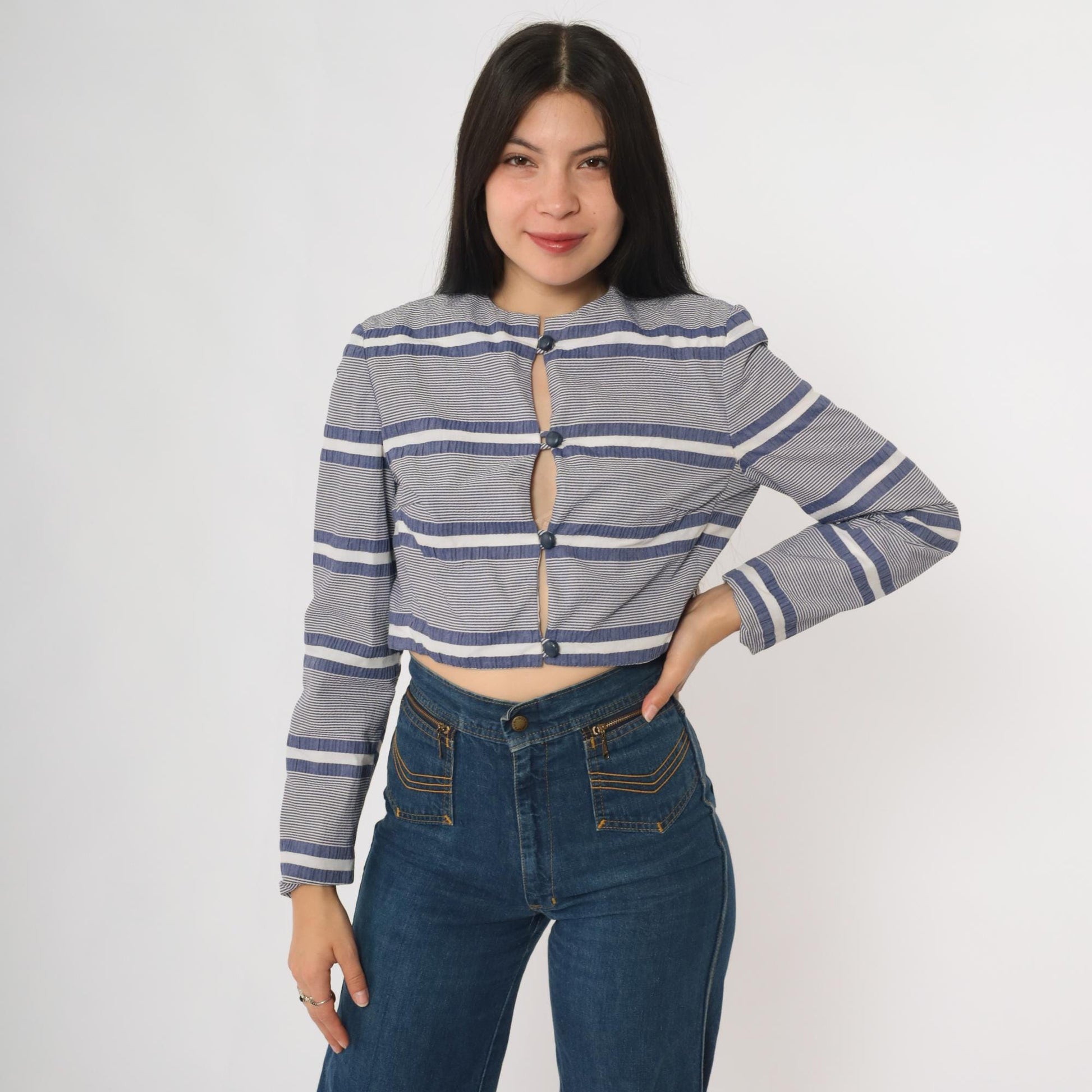 80s Gavi Striped Cropped Jacket Navy White Band Collar Size 10
